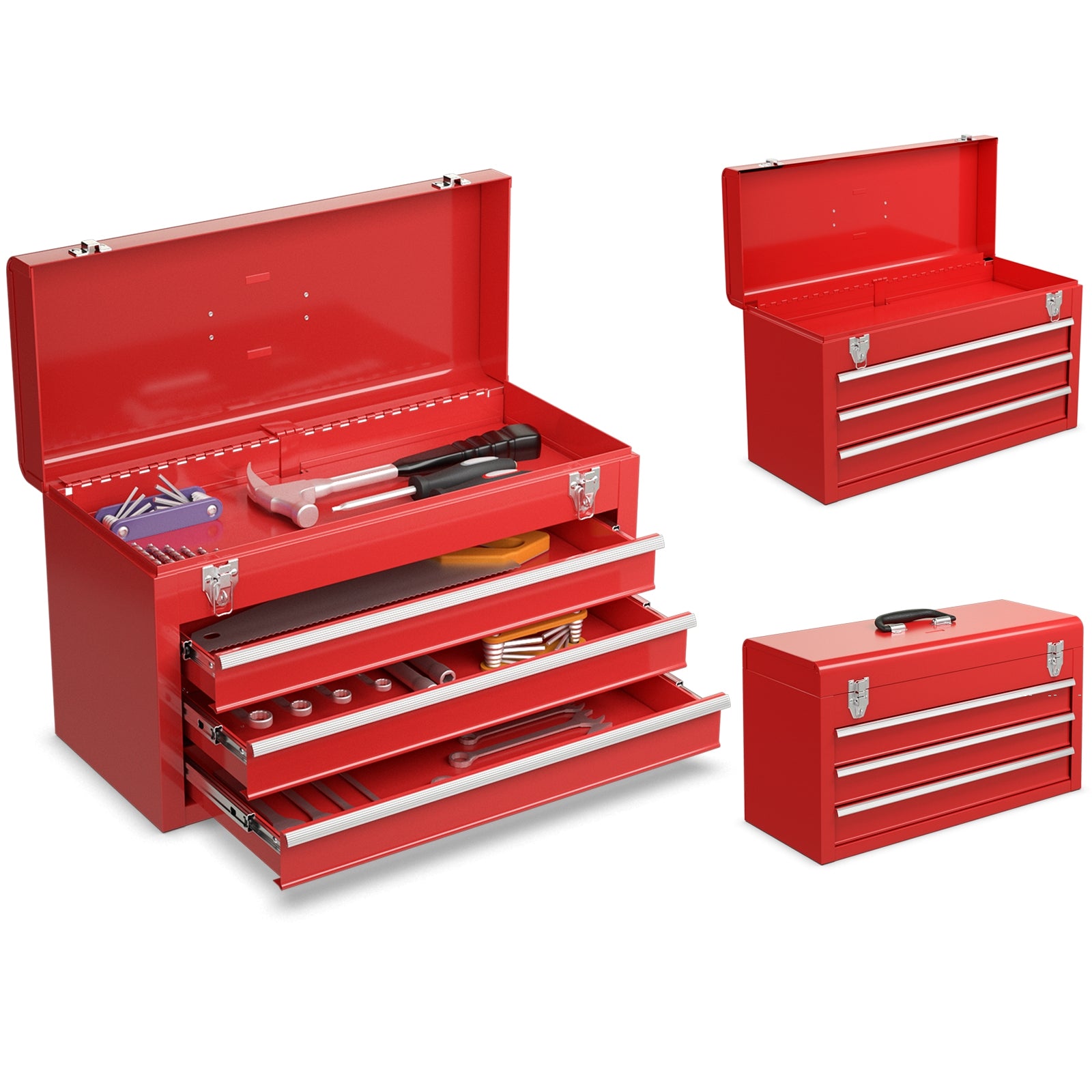 Portable Garage Mechanic Tool Cabinet Box with 3 Drawers-Red