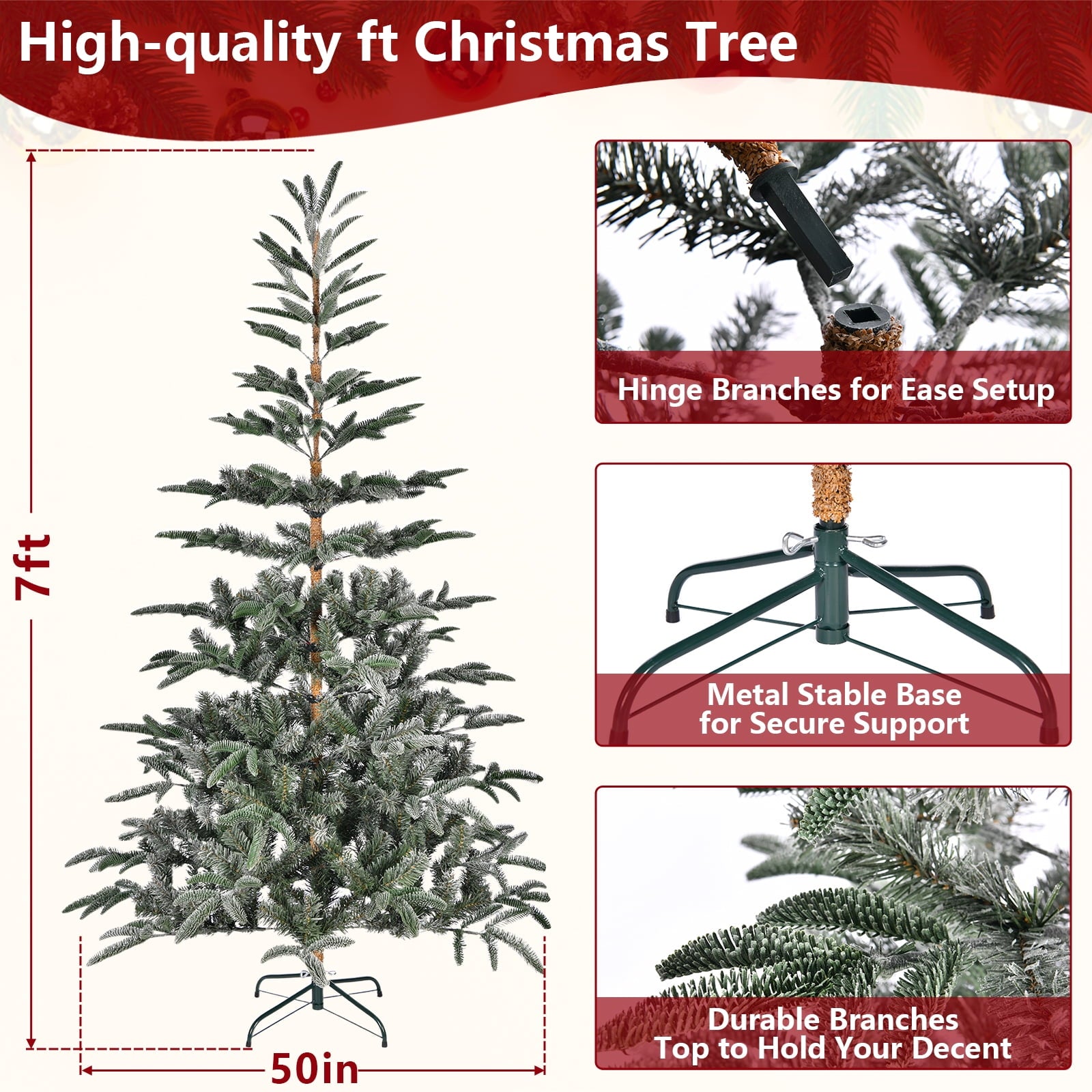 7.5ft Artificial Christmas Tree Pine Hinged Xmas Tree with 700 Snowy Branches, Easy Assembly for Home, Office, Party Decoration