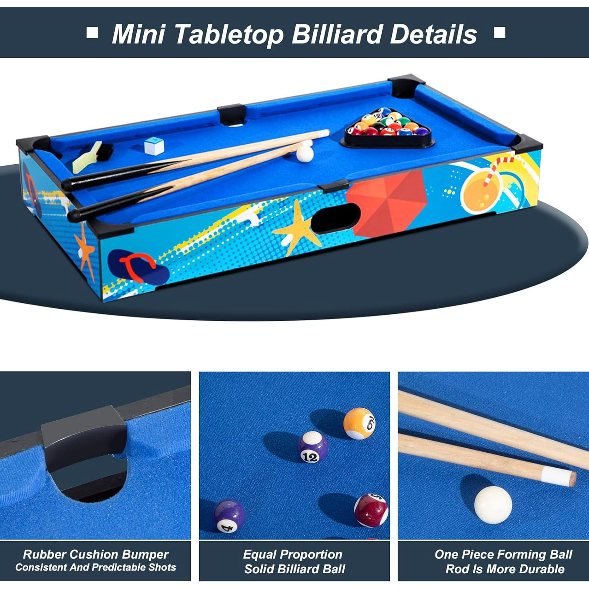 SUGIFT 27in Mini Pool Table Set Tabletop Portable Billiards Game w/Small Billiards Balls Pool Cues Triangle Rack Chalk Brush for Adults Kids Cats Toddlers
