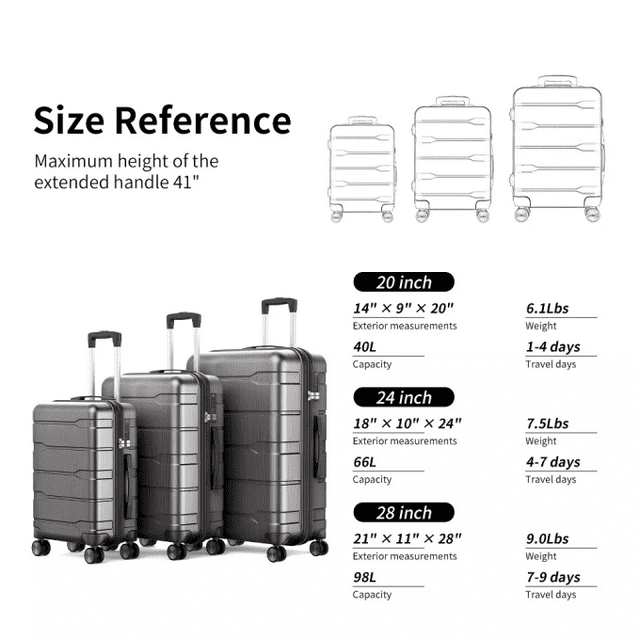 SUGIFT Hardside Luggage Set 3 Piece Lightweight Suitcase with TSA Lock Spinner Wheels, Black