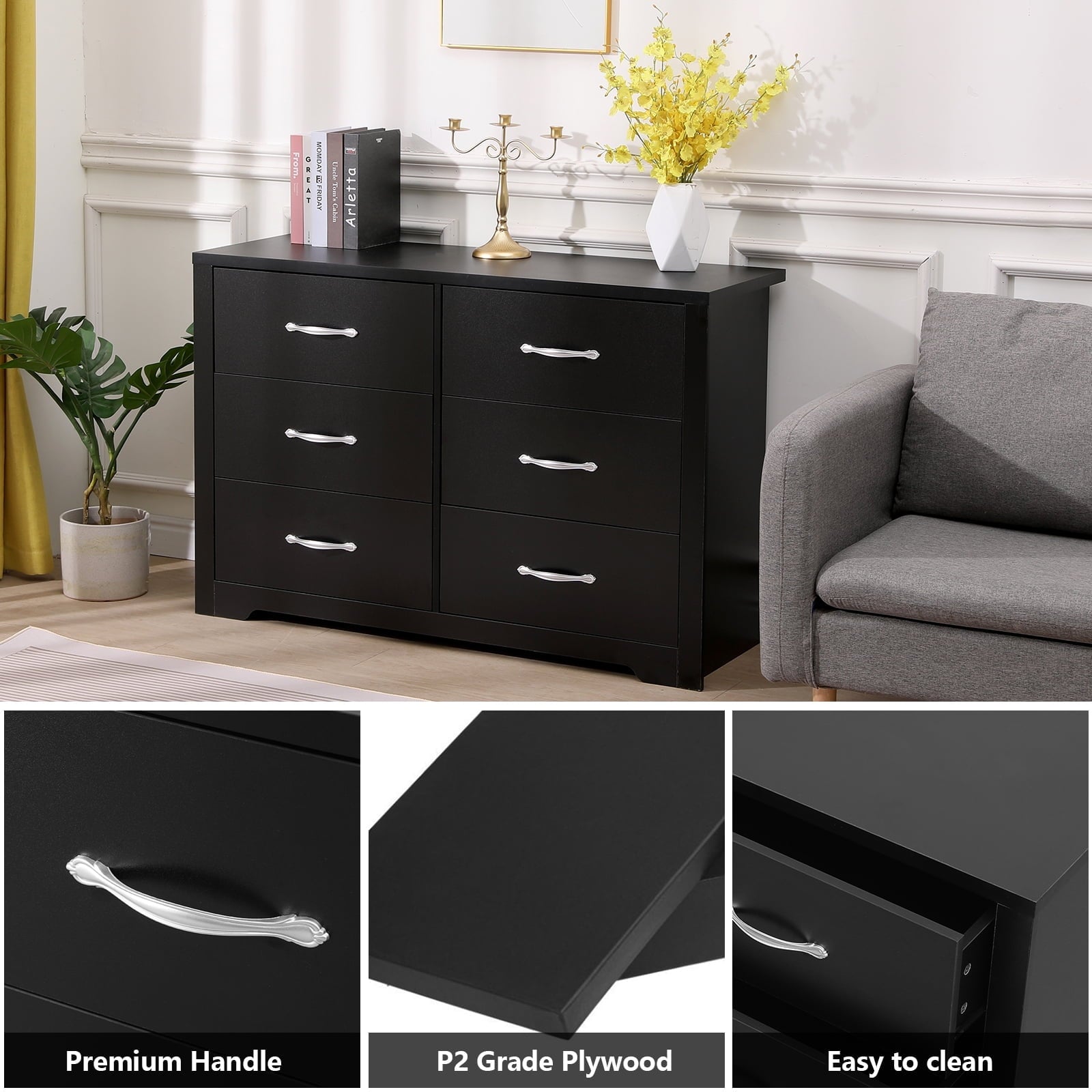 SUGIFT 6 Drawers Dresser for Bedroom, Wood Chest of Drawers, Black Finish