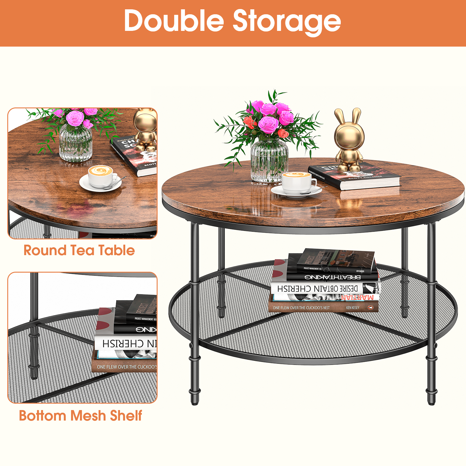 SUGIFT Round Coffee Table with Storage 36 Small Coffee Table 2 Tier Coffee Tables for Living Room Brown