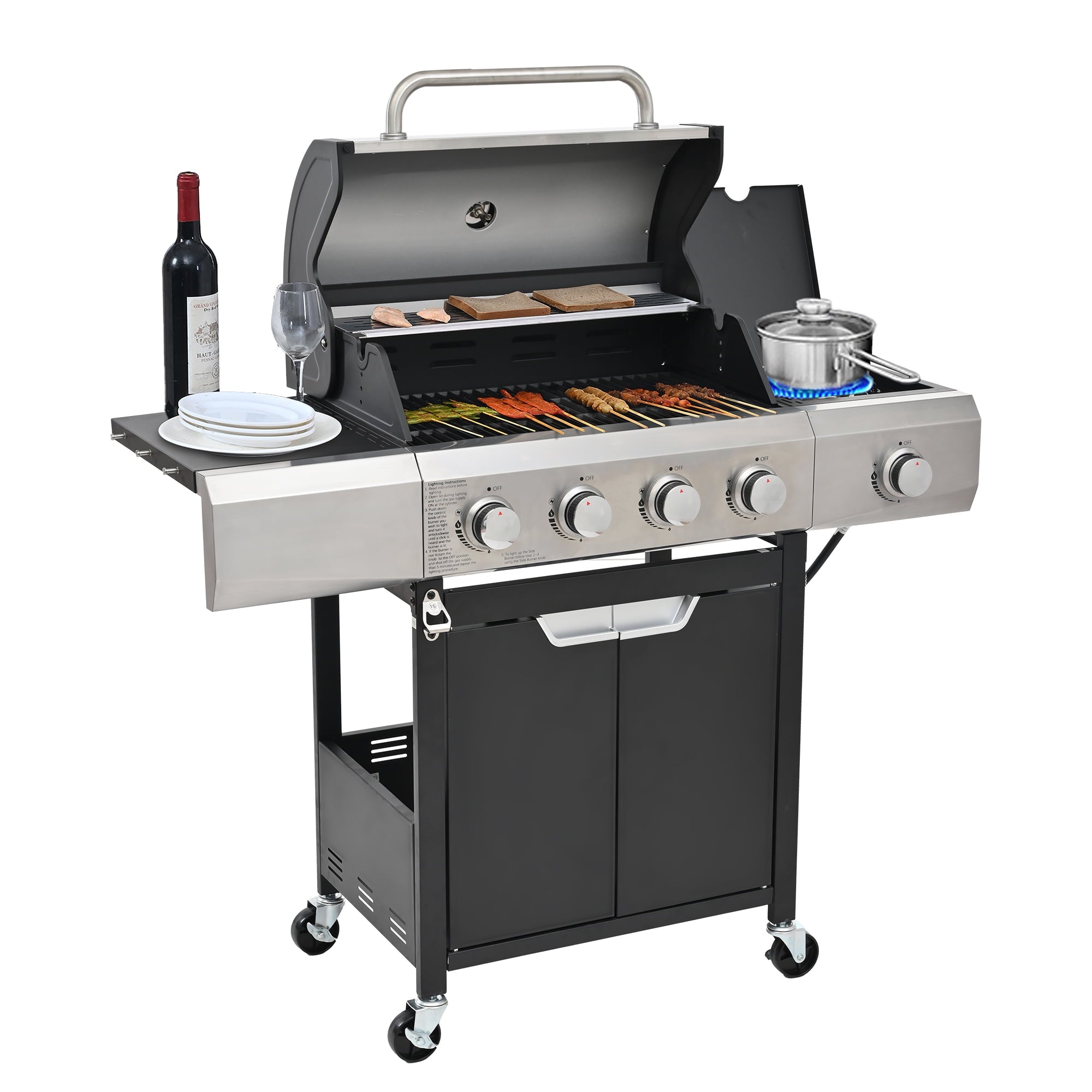 SUGIFT Propane Grill 4 Burner Barbecue Grill Stainless Steel Gas Grill with Side Burner & grill Cover