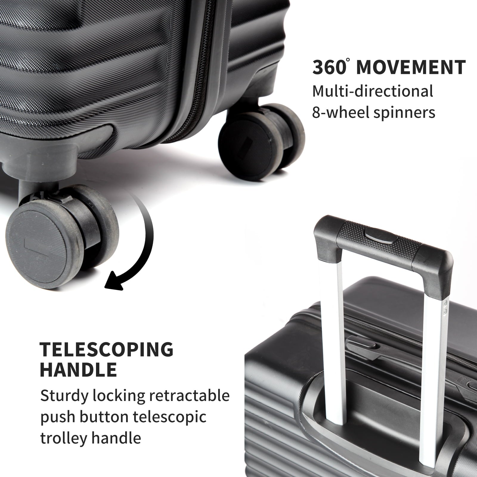 SUGIFT Luggage 3 Piece Set PC ABS Suitcase Set with Wheels Carry on and Checked luggage 20in24in28in Black