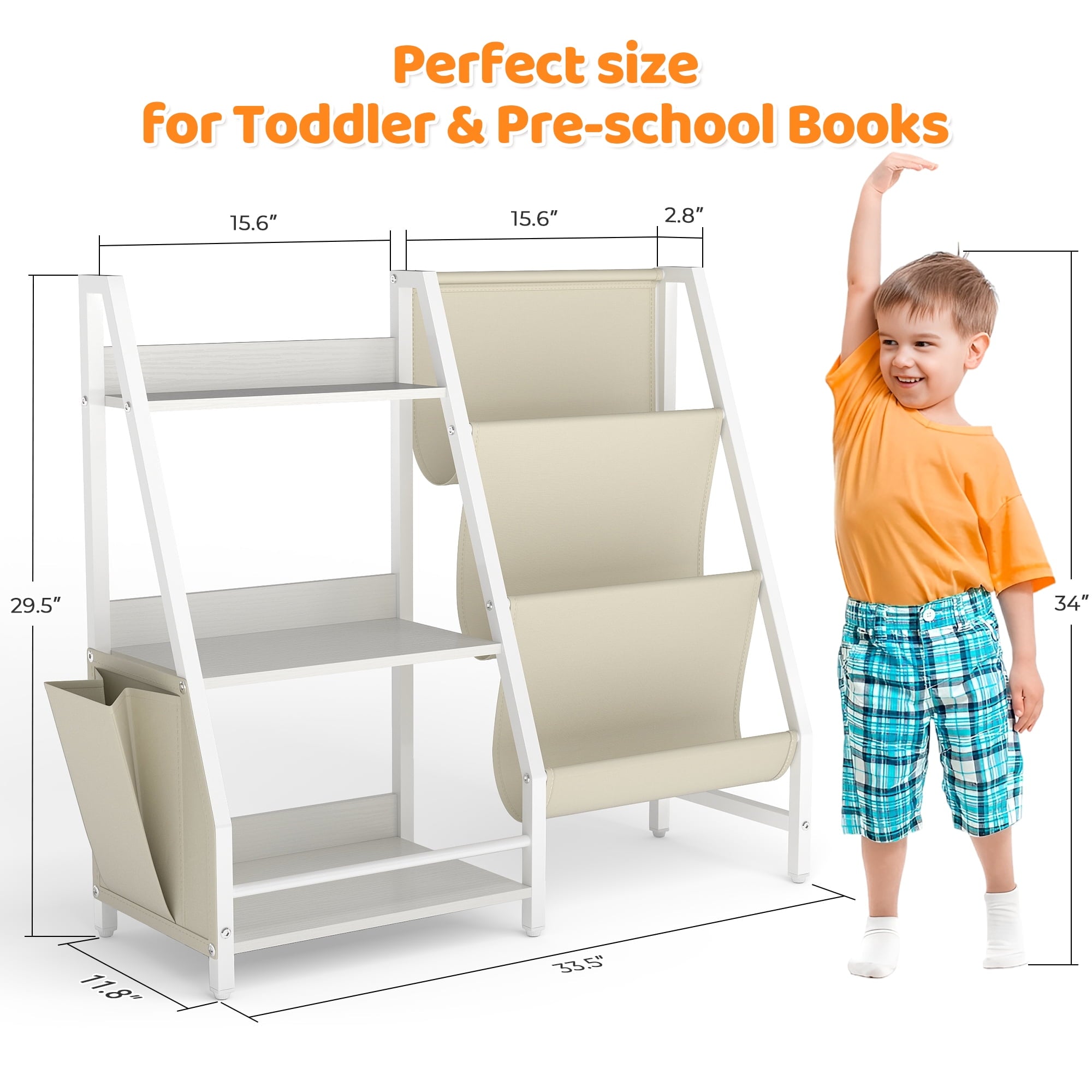 SUGIFT Kids Bookshelf Toy Storage Organizer with Side Pockets 3 Layer Sling Bookcase for Playroom Kids Bedroom Nursery White