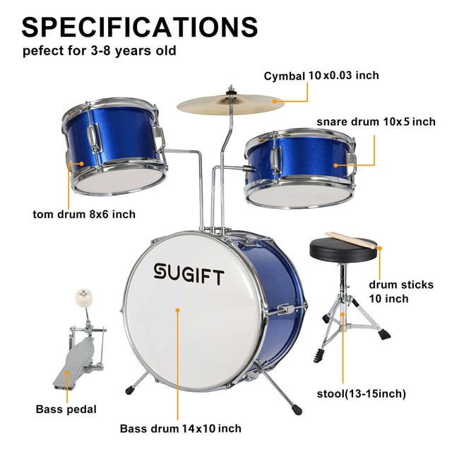 SUGIFT 3-Piece Junior Drum Set with Throne, Pedal, Drumsticks, Blue