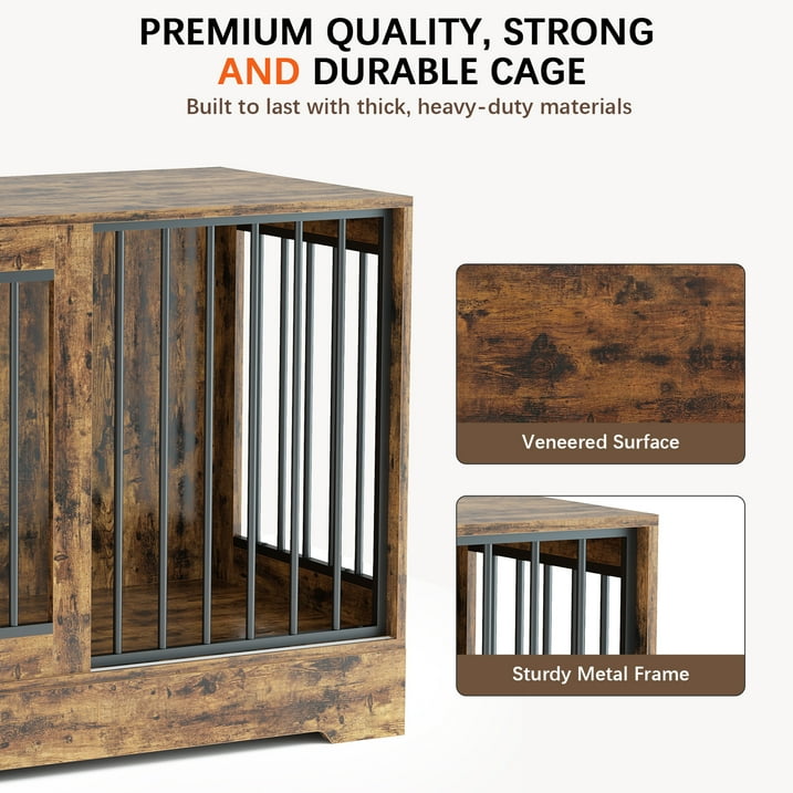 SUGIFT 47in Wooden Dog Crate Furniture with Double Doors, Rustic Brown Indoor Dog Kennel End Table for Large Dogs