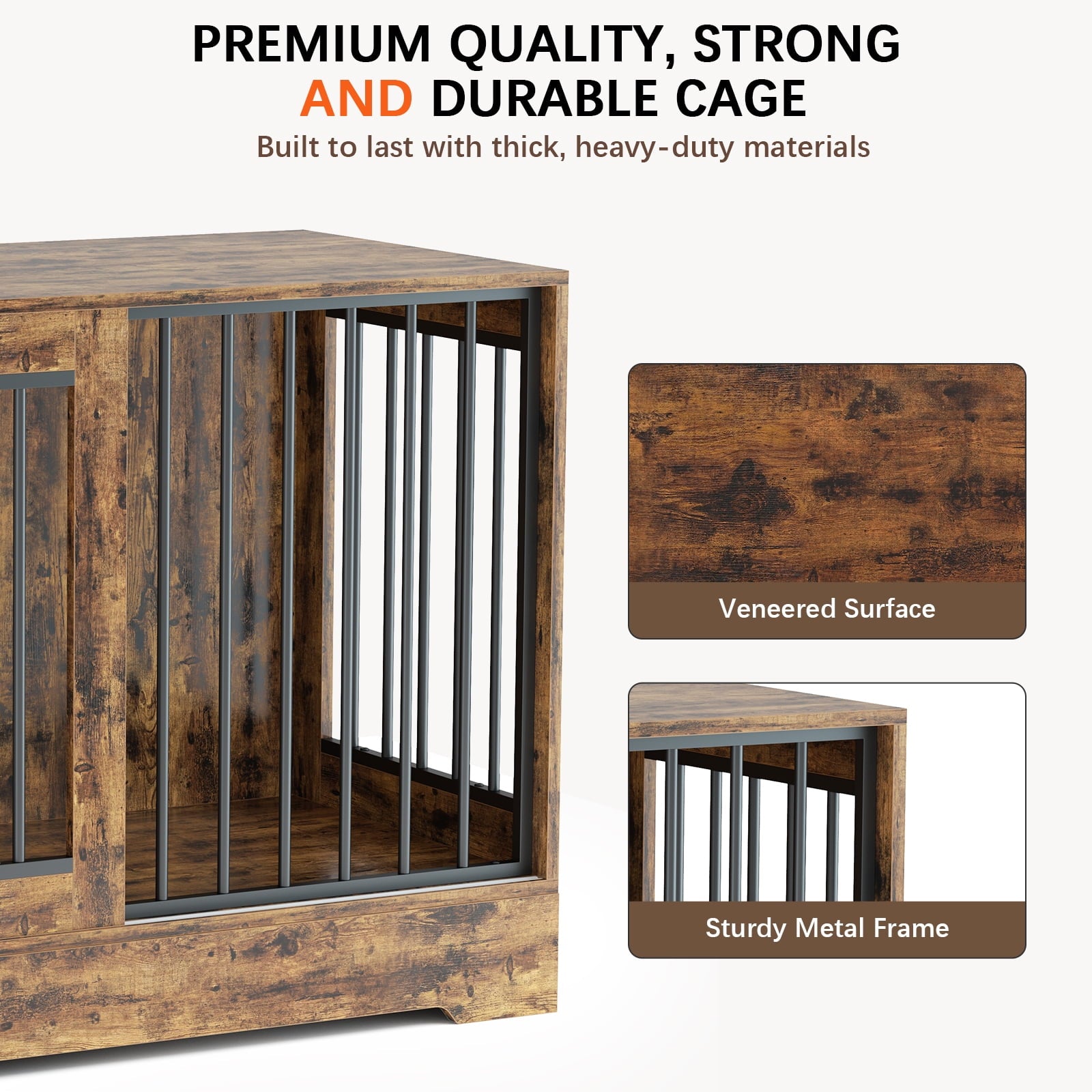 SUGIFT 47in Wooden Dog Crate Furniture with Double Doors, Rustic Brown Indoor Dog Kennel End Table for Large Dogs