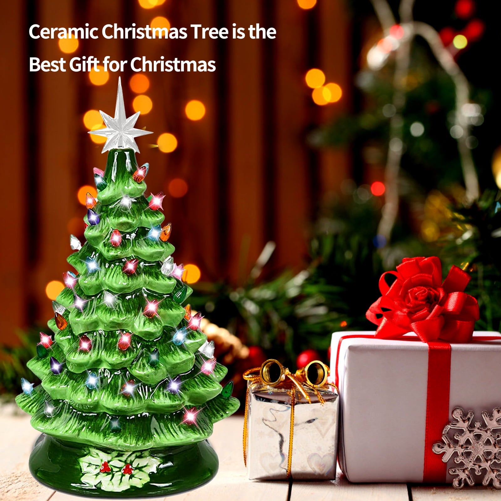 SUGIFT 15'' Pre-Lit Tabletop Ceramic Christmas Tree with 66 Multi Color Lights and 2 Star Toppers, Green