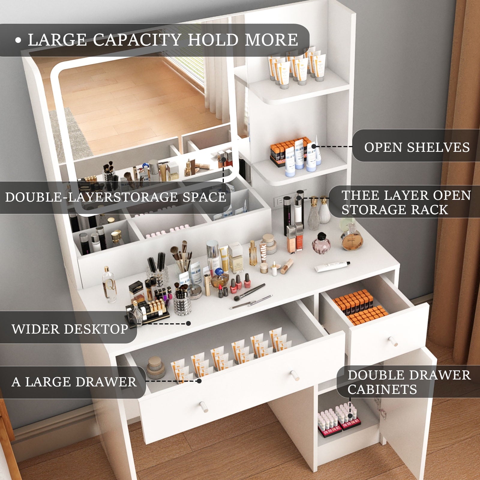 SUGIFT Makeup Vanity Desk Dressing Table with LED Lights & Power Strip - White