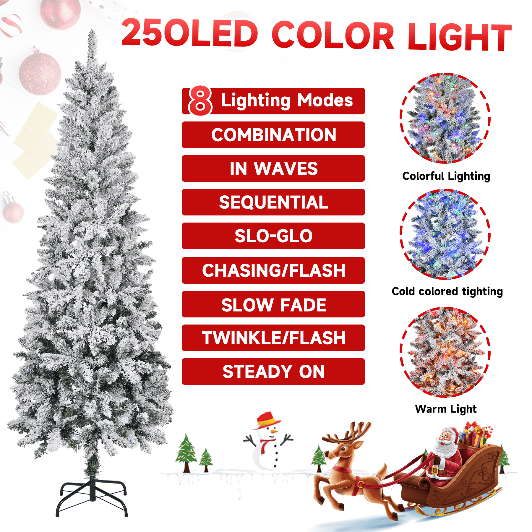 6ft Pencil Prelit Christmas Tree with 250 Multicolor LED Lights Artificial Skinny Christmas Tree for Small Spaces