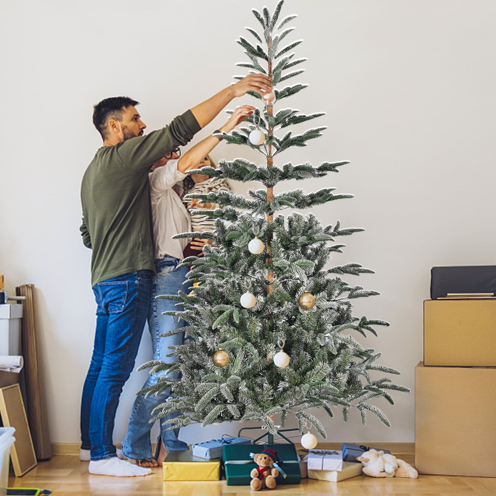 7.5ft Artificial Christmas Tree Pine Hinged Xmas Tree with 700 Snowy Branches, Easy Assembly for Home, Office, Party Decoration