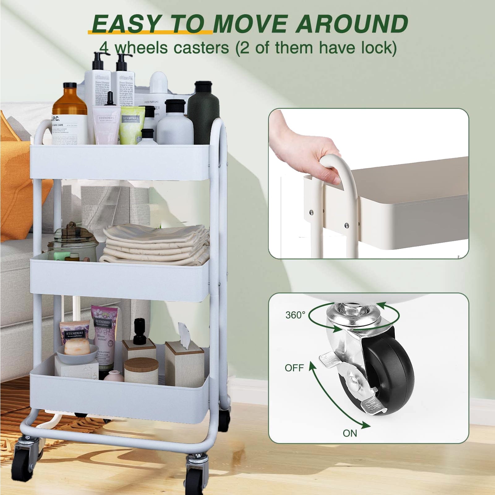 SUGIFT 3 Tier Kitchen Utility Cart with Handle and Lockable Wheels, White