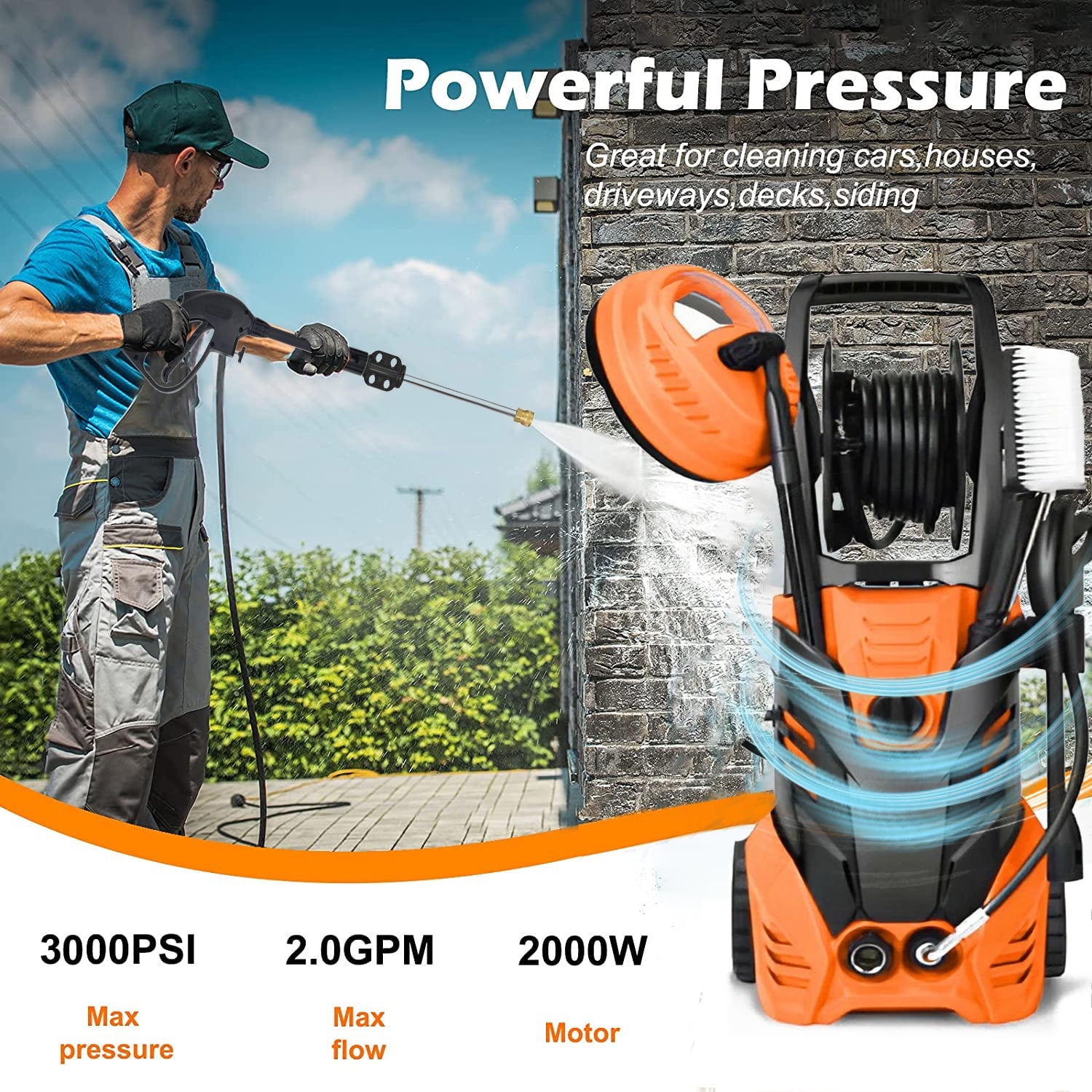 SUGIFT 3000PSI 2.0 GPM Electric Pressure Washer for Outdoor Use, Orange