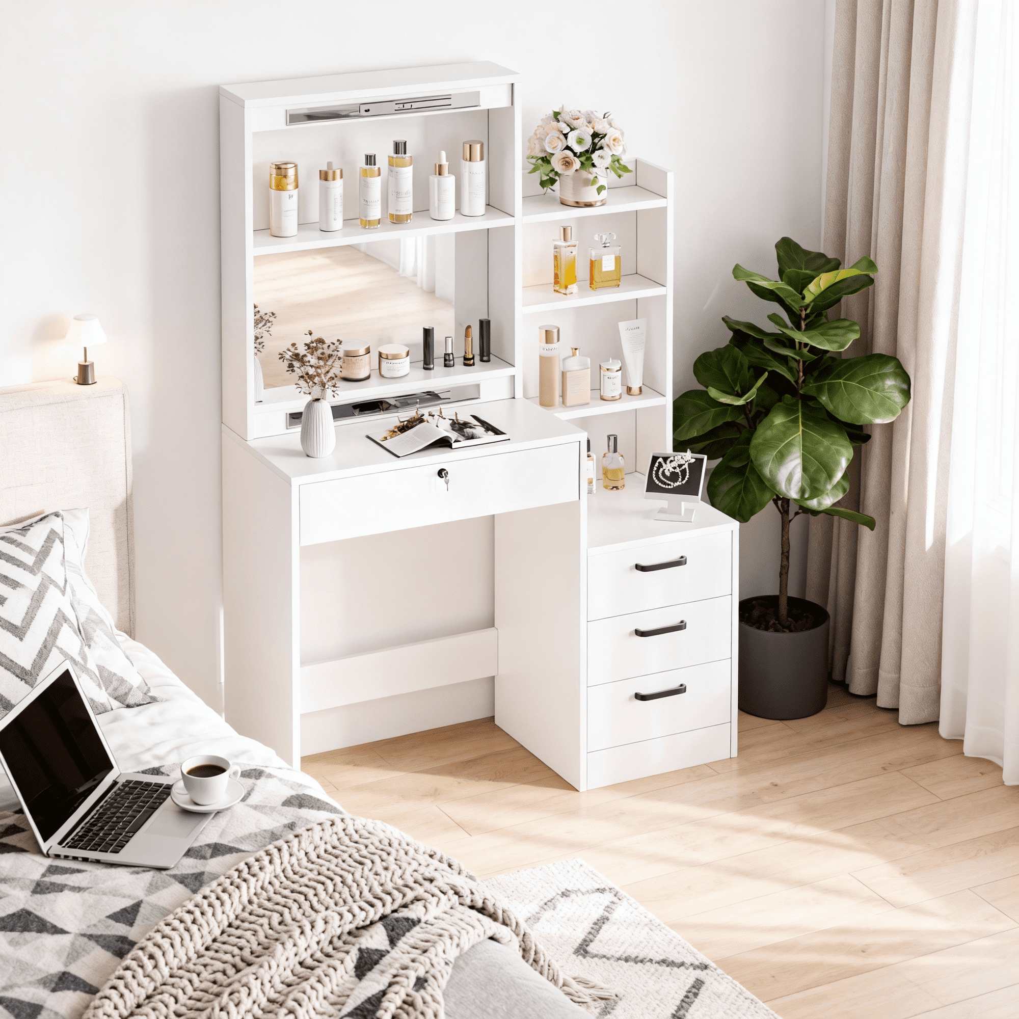 vanity dresser white SUGIFT White Lighted Makeup Vanity Table with Sliding Sliding Mirror,
