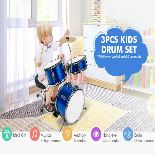 SUGIFT 3-Piece Junior Drum Set with Throne, Pedal, Drumsticks, Blue