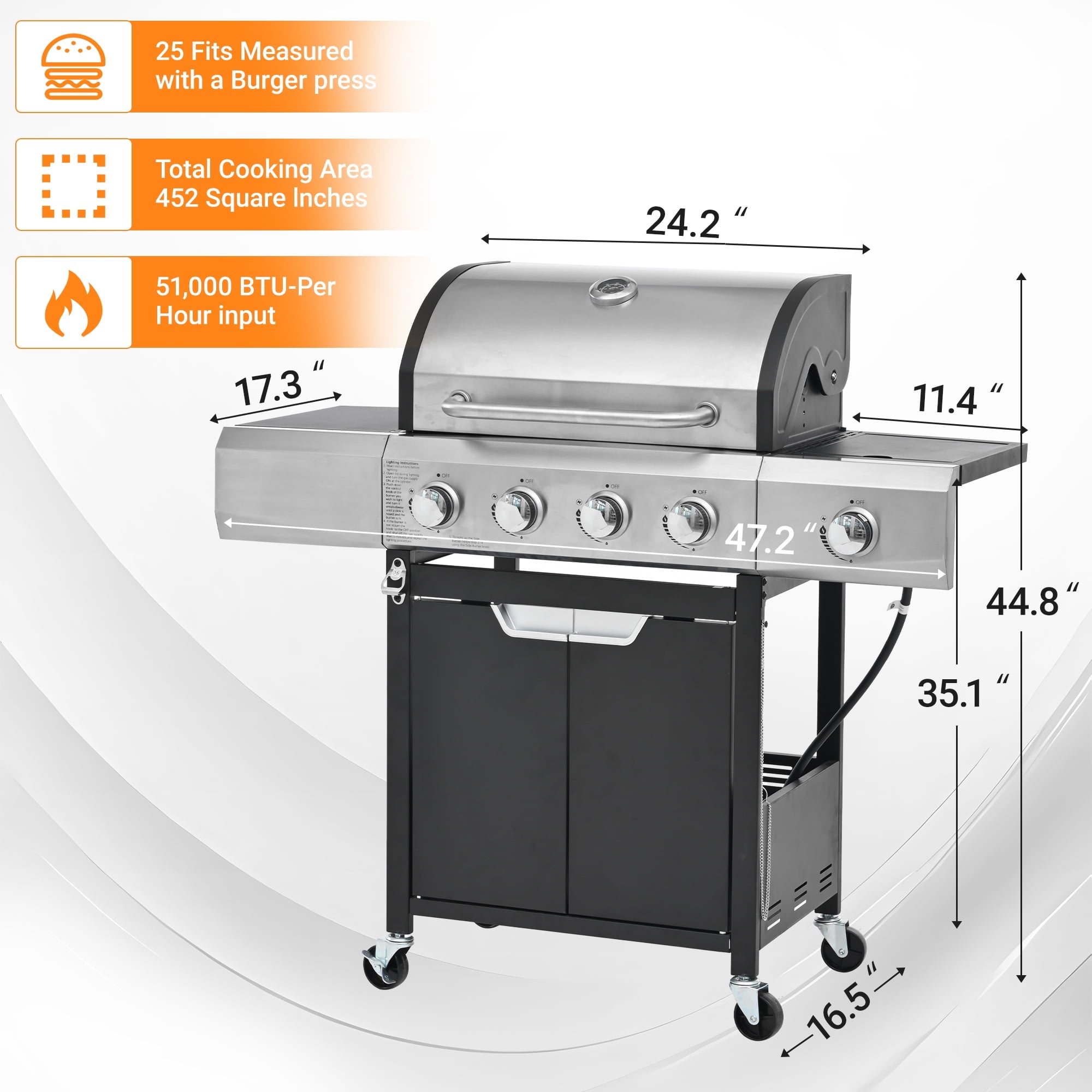 SUGIFT Propane Grill 4 Burner Barbecue Grill Stainless Steel Gas Grill with Side Burner & grill Cover