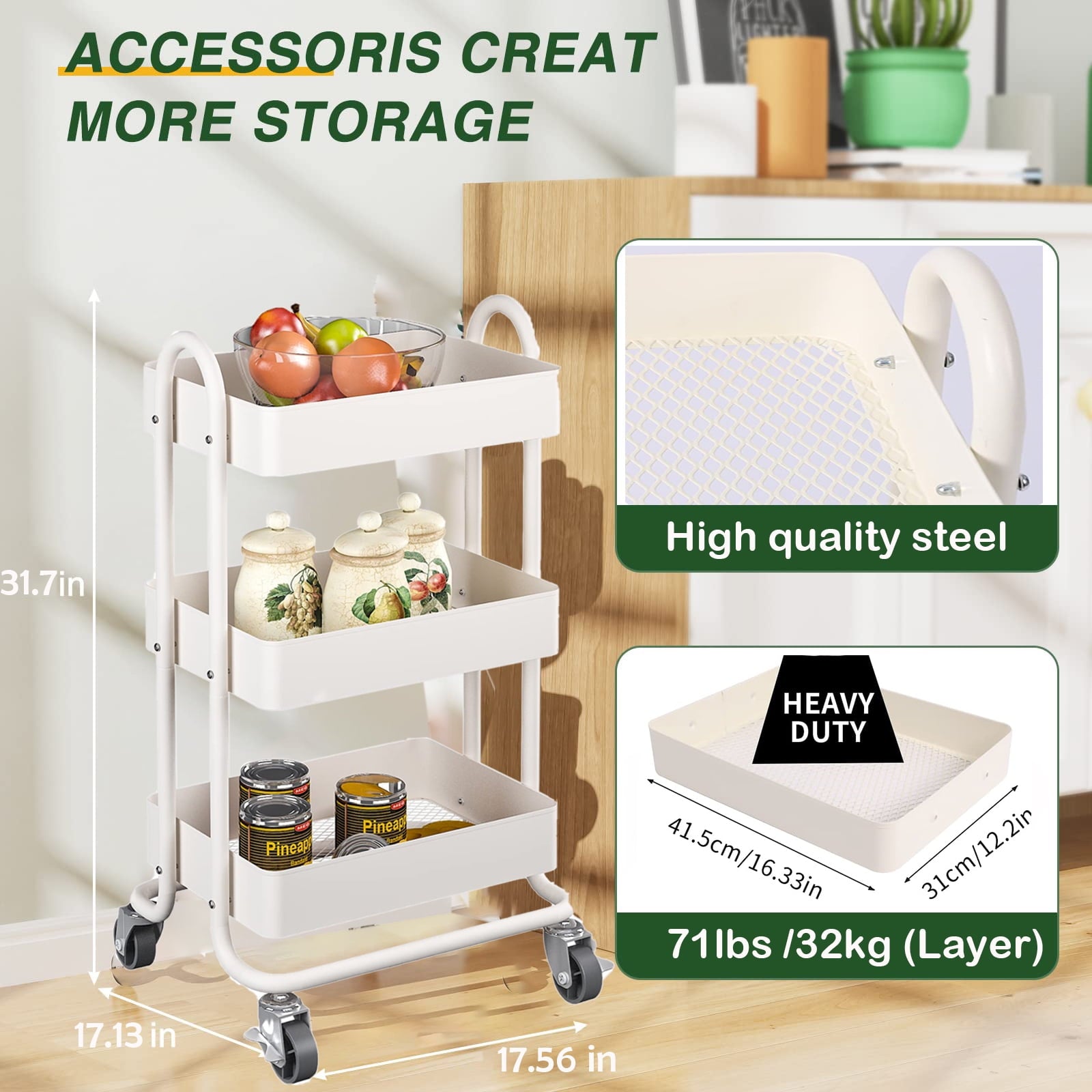 SUGIFT 3 Tier Metal Utiltiy Cart Arctic White, Easy Rolling, Powder Coating, Metal Structure