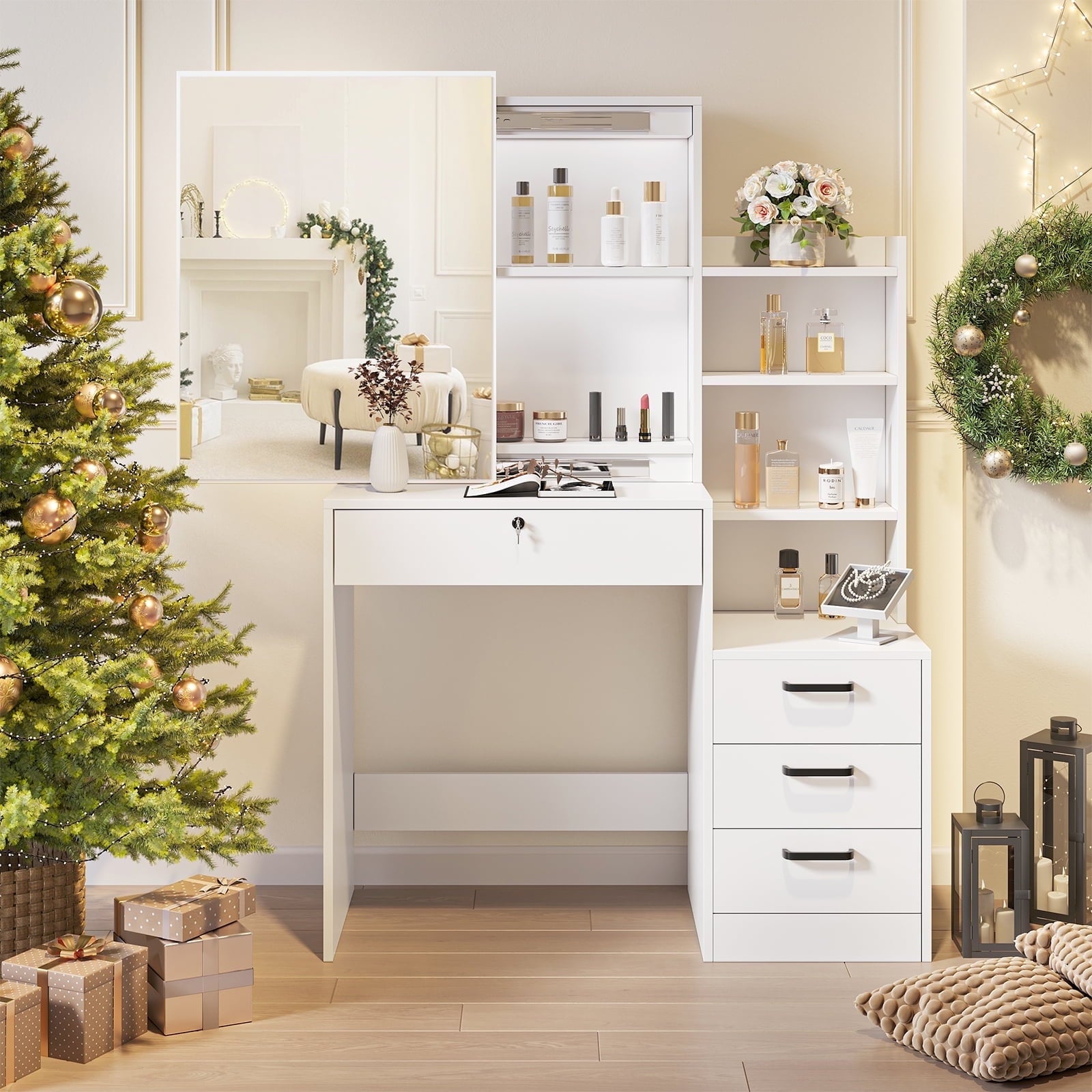 modern dressing table vanity SUGIFT White Lighted Makeup Vanity Table with Sliding Sliding Mirror,