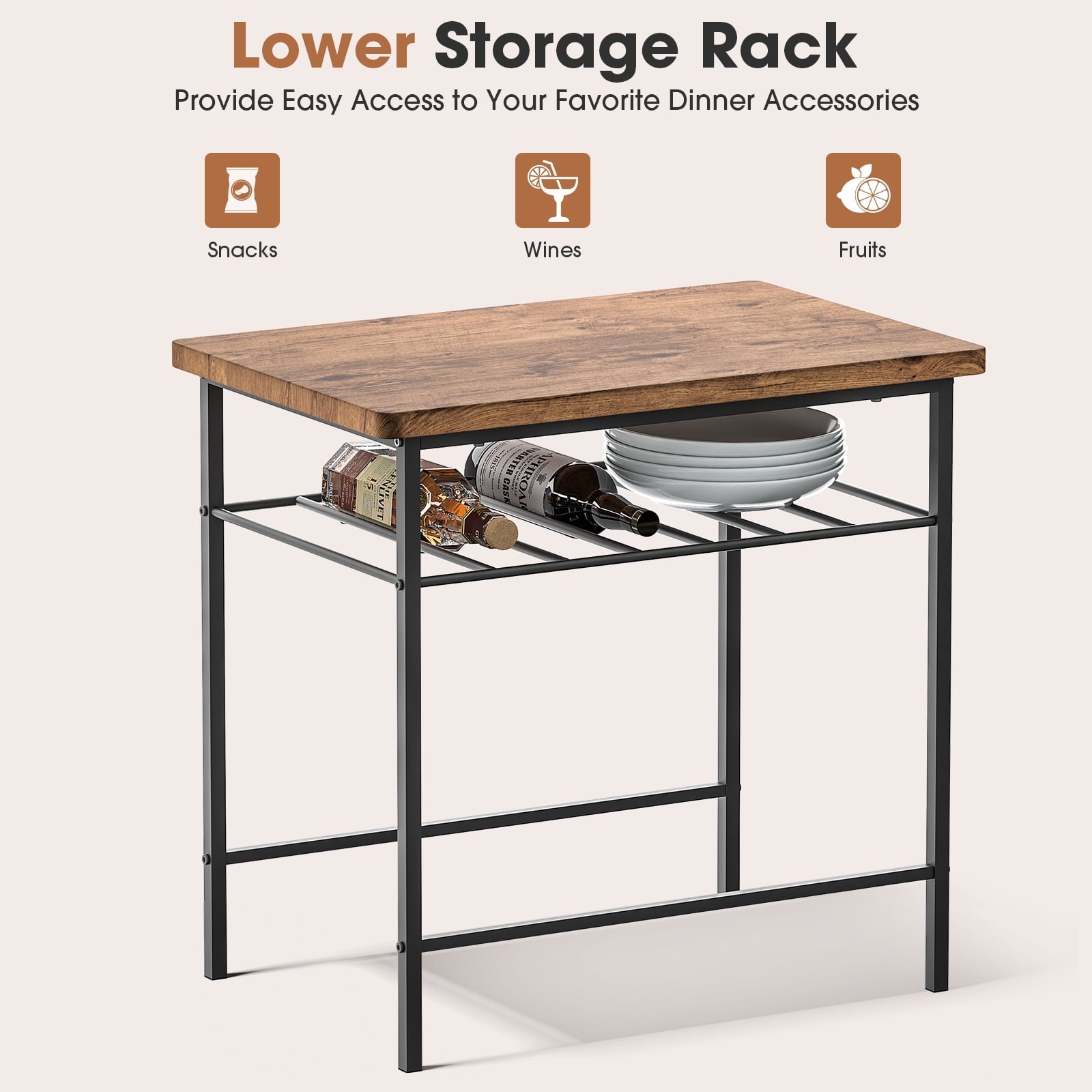 SUGIFT 3-Piece Modern Dining Table Set for 2, Square Table & Chairs Set w/ Steel Frame, Storage Rack, Brown