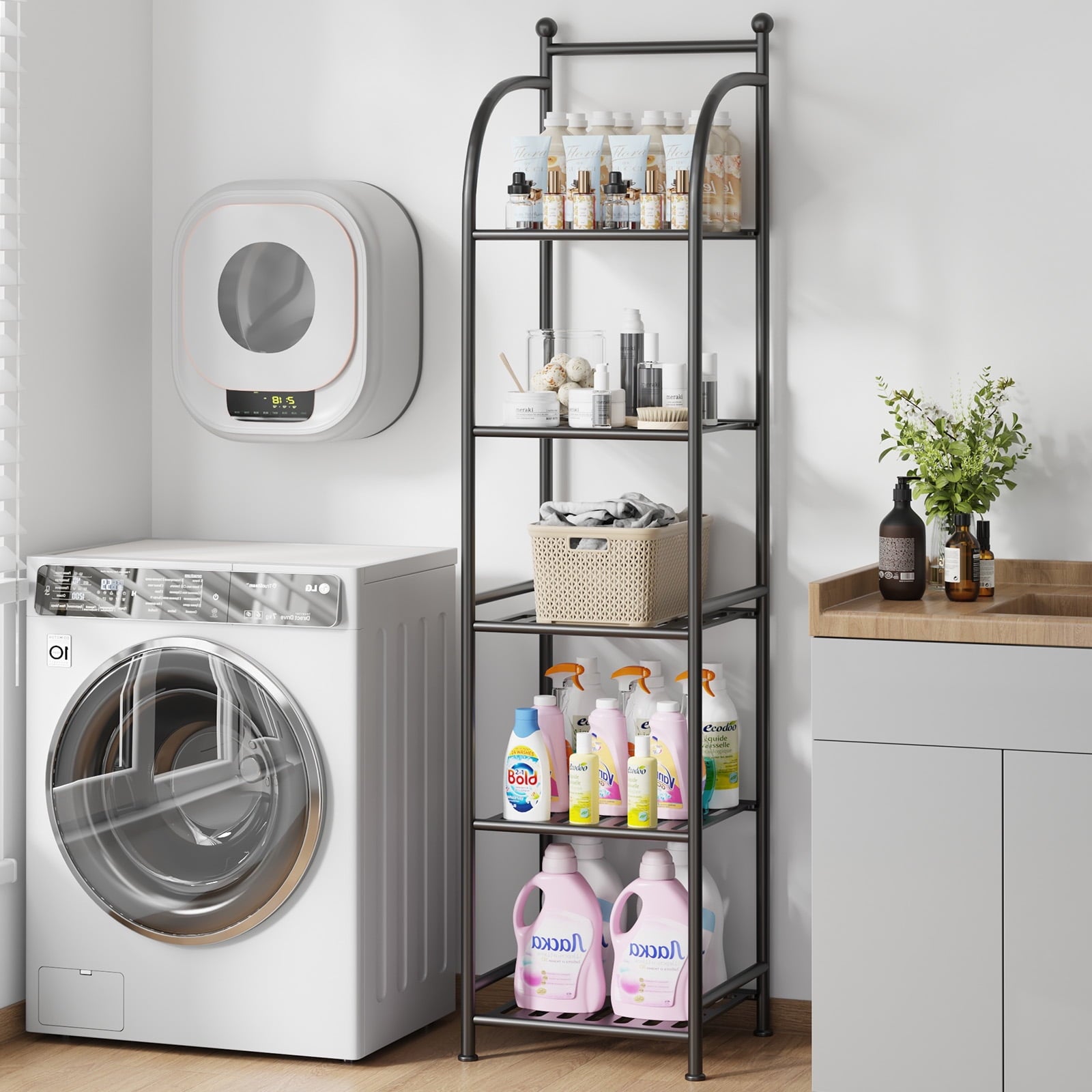 SUGIFT 5 Shelf Bathroom Storage Shelf Unit Shower Shelves for Storage and Towel Display, Black