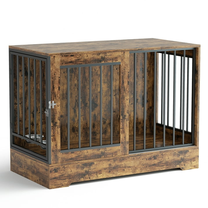 SUGIFT 47in Wooden Dog Crate Furniture with Double Doors, Rustic Brown Indoor Dog Kennel End Table for Large Dogs