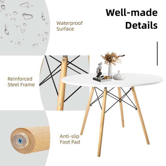 SUGIFT 42in Round Modern Wood Dining Table w/ Beech Wood Legs, Metal Frame - White