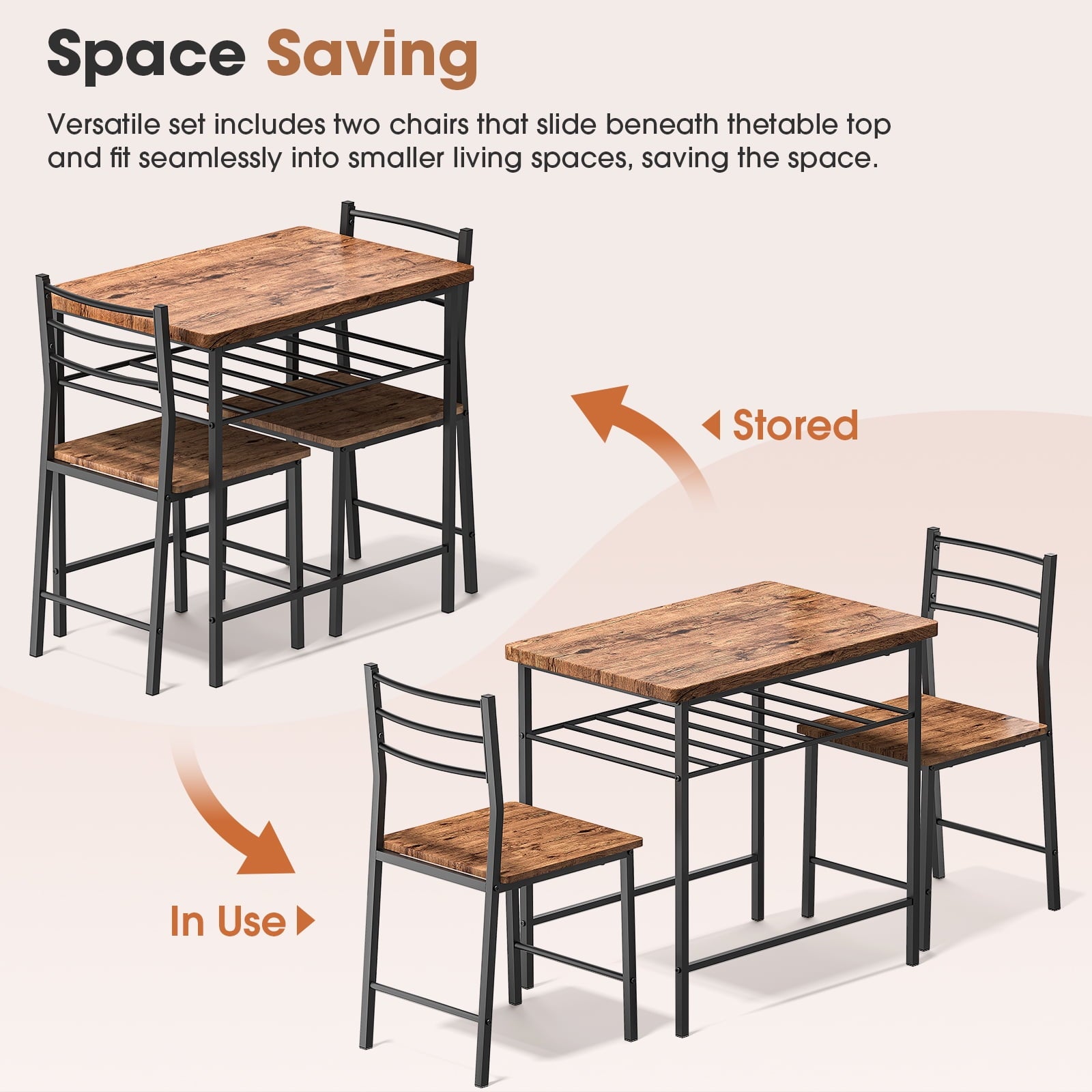 SUGIFT 3-Piece Modern Dining Table Set for 2, Square Table & Chairs Set w/ Steel Frame, Storage Rack, Brown