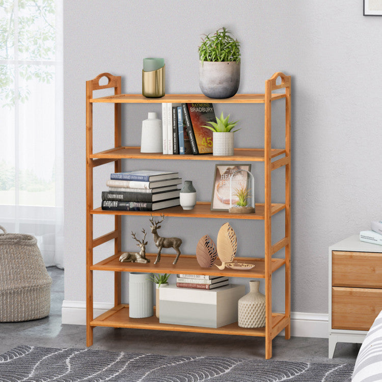 5 Tier Bamboo Shoe Rack with Two Rounded Handle for 15 Pairs