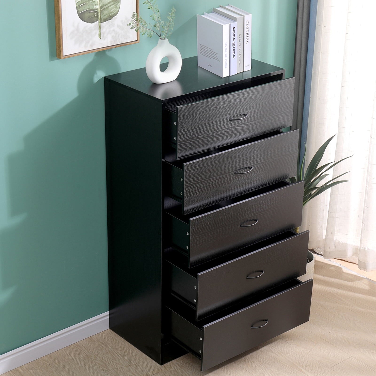 SUGIFT 5 Drawer Dresser, Modern Wood Chest of Drawers for Bedroom, Bla SUGIFT 5 Drawer Dresser, Modern Wood Chest of Drawers for Bedroom, Bla