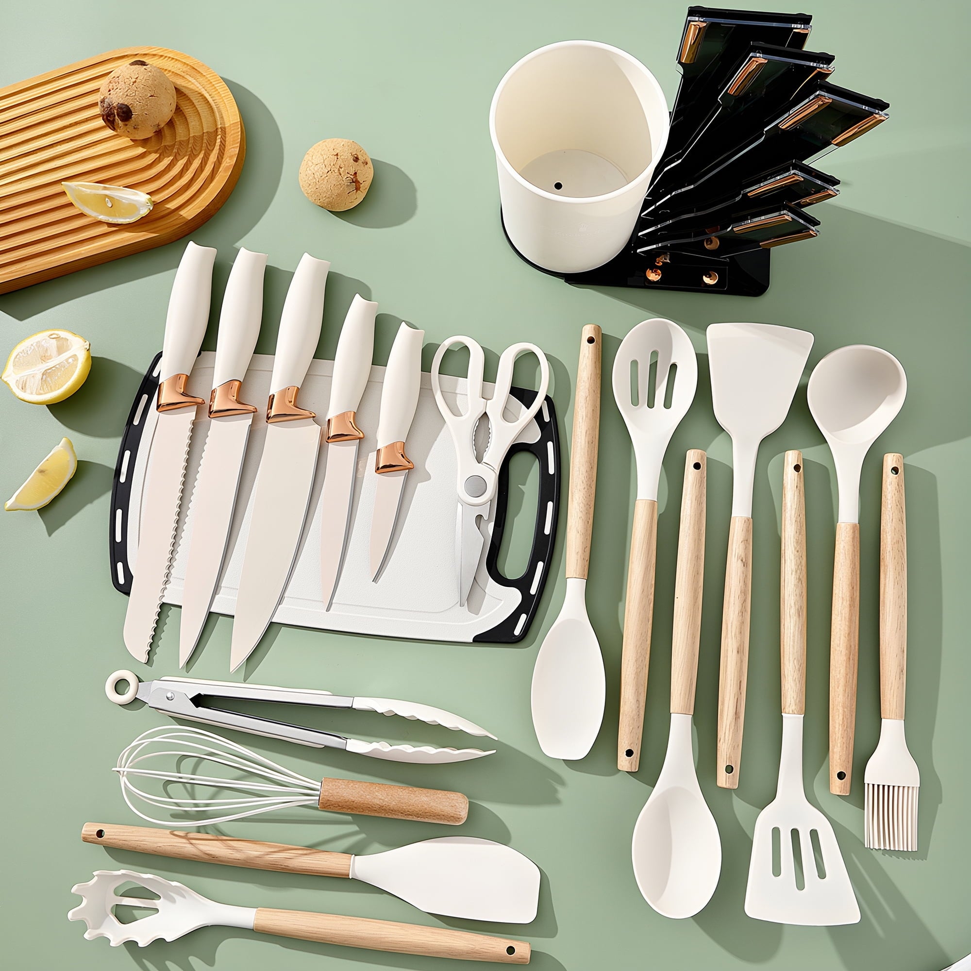 SUGIFT 19 Pcs Silicone Kitchen Utensils Set with Knives Set Wooden Handles Cooking Tools with Block Cream White
