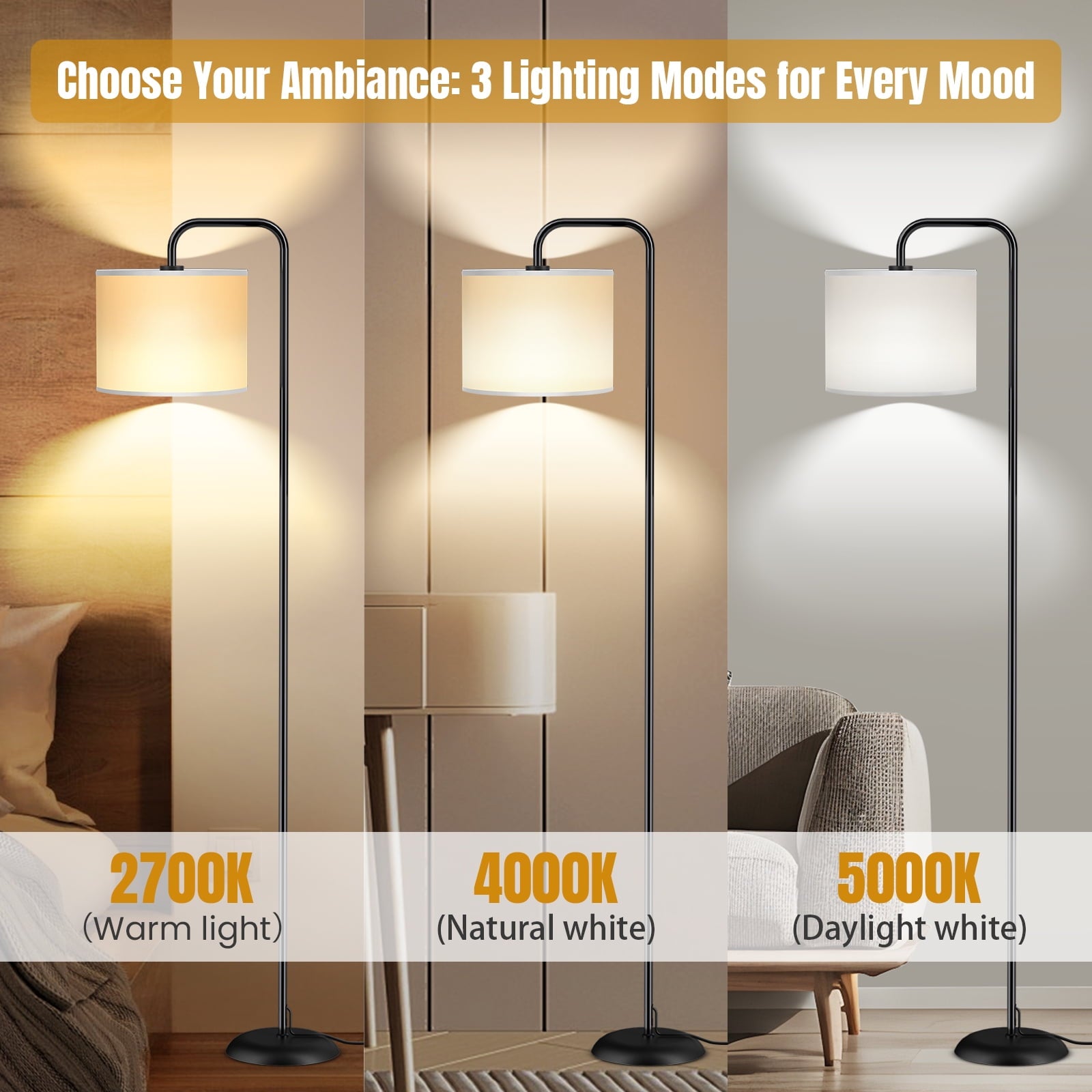 Harigal Floor Lamp for Living Room with 3 Color Temperatures Tall Standing Lamp with Linen Shade Footswitch (12W LED Bulb Included) Black