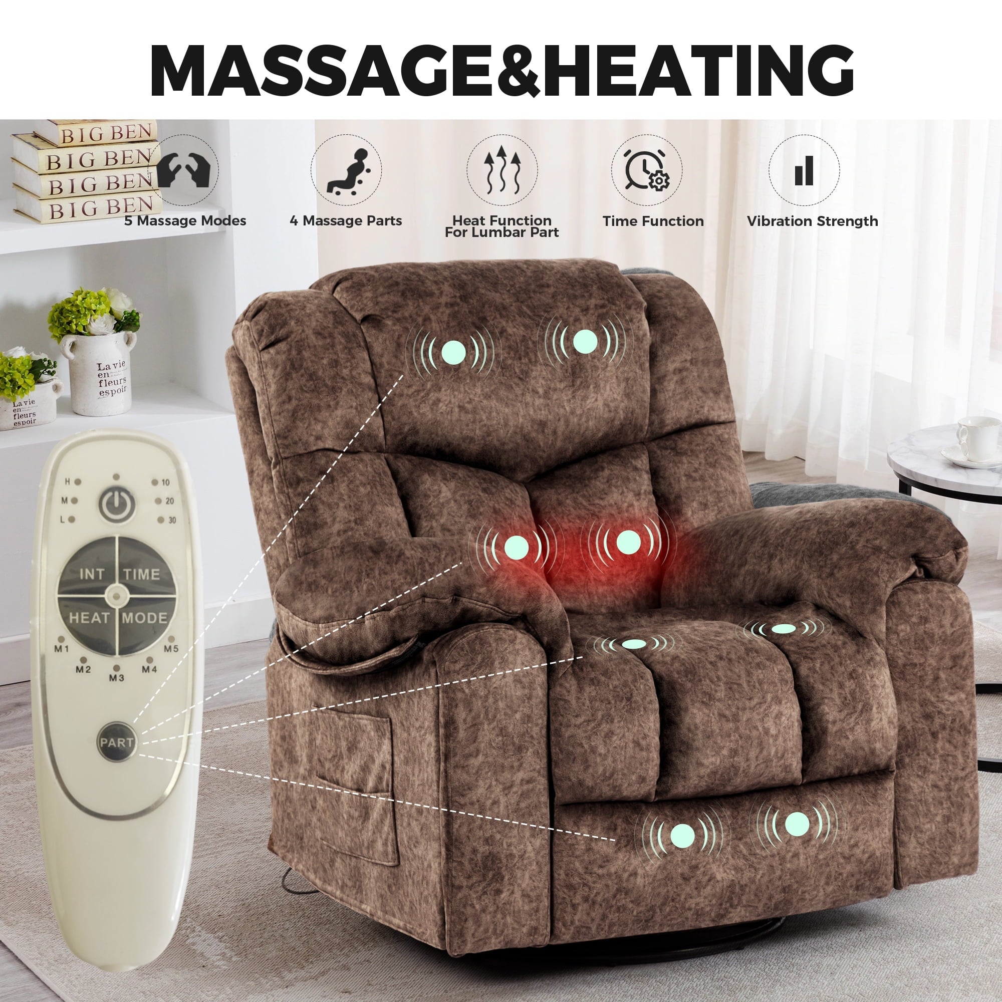 SUGIFT Swivel and Rocking Recliner Chair with Massage and Heating Bonded Leather Sofa
