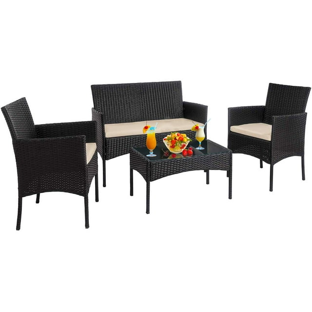 SUGIFT 4-Piece Outdoor Patio Rattan Furniture Set Conversation Set Cushioned Sofa Table Black