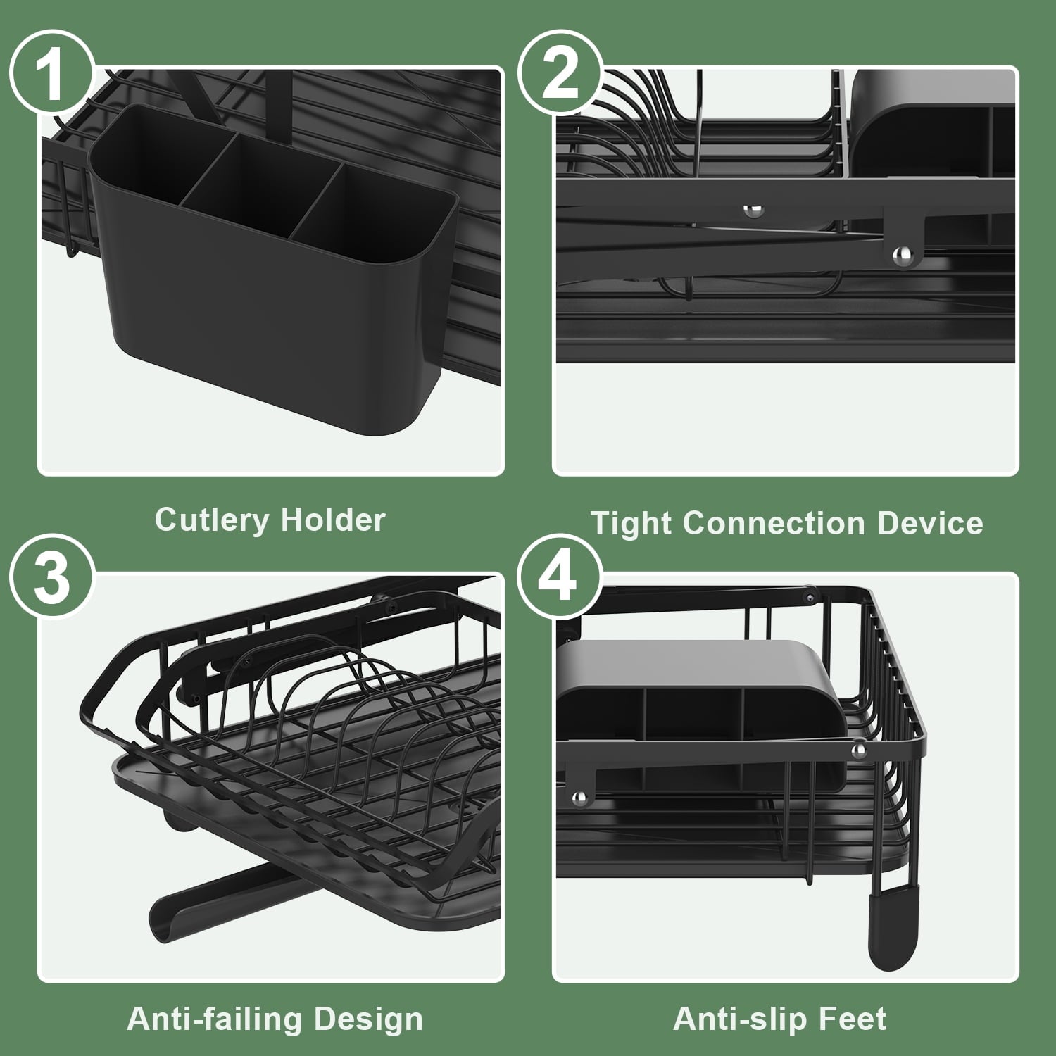 SUGIFT 2 Tier Collapsible Rust Proof Dish Rack with Removable Drip Tray Stainless Steel Black