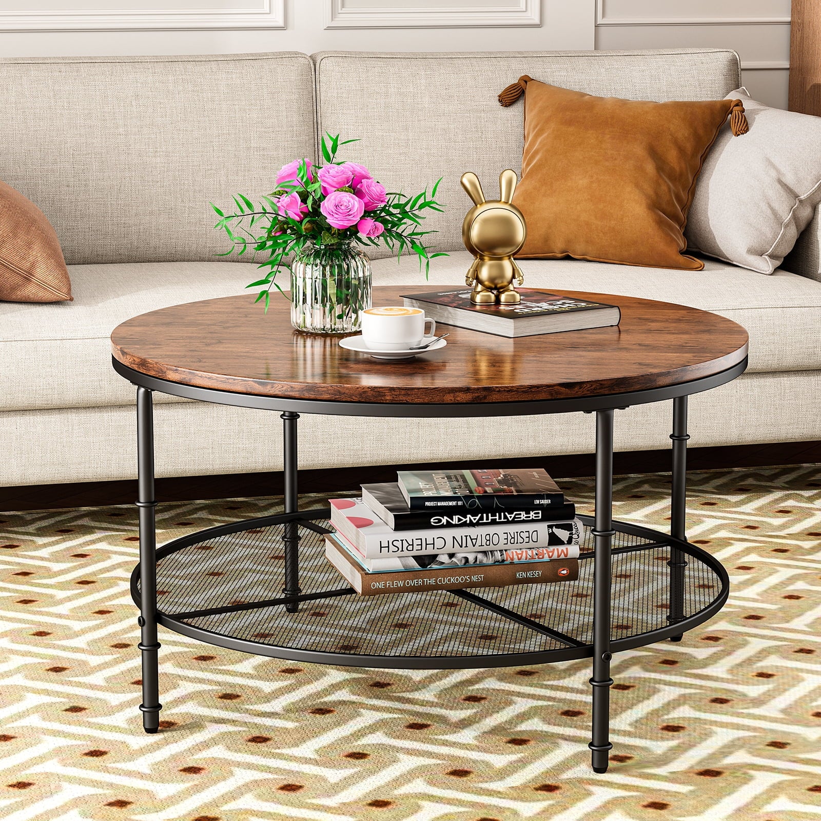 SUGIFT Round Coffee Table with Storage 36 Small Coffee Table 2 Tier Coffee Tables for Living Room Brown