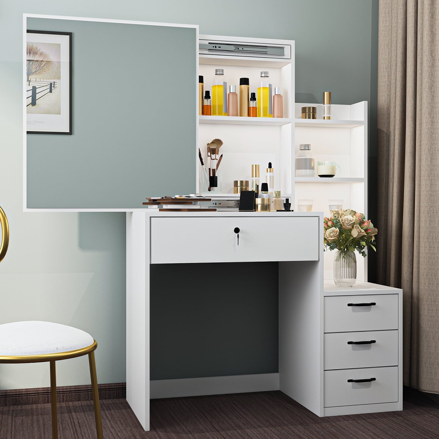 SUGIFT Vanity Table Stylish Aesthetic Durable with Sliding Mirror White