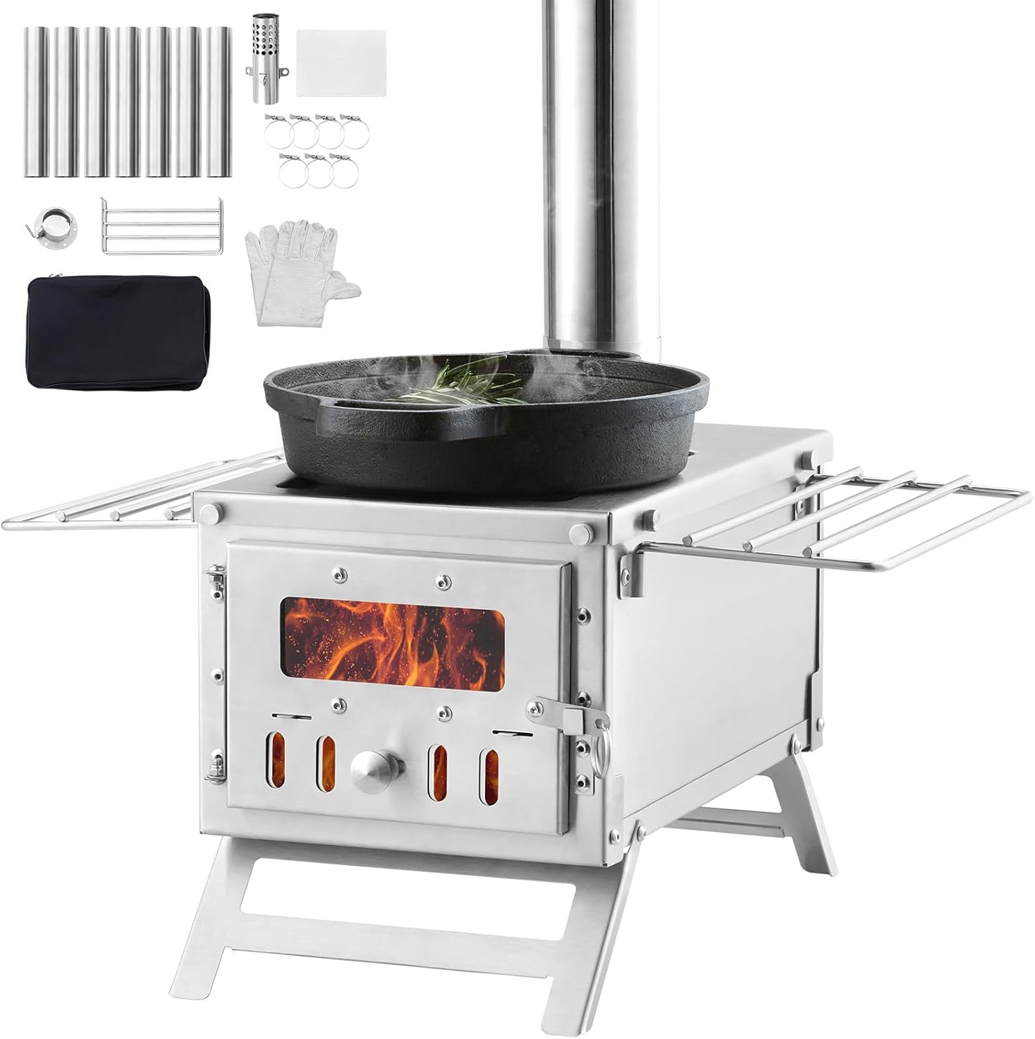 SUGIFT Camping Wood Stove Stainless Steel Camping Tent Stove, Portable Wood Burning Stove with Chimney Pipes & Gloves