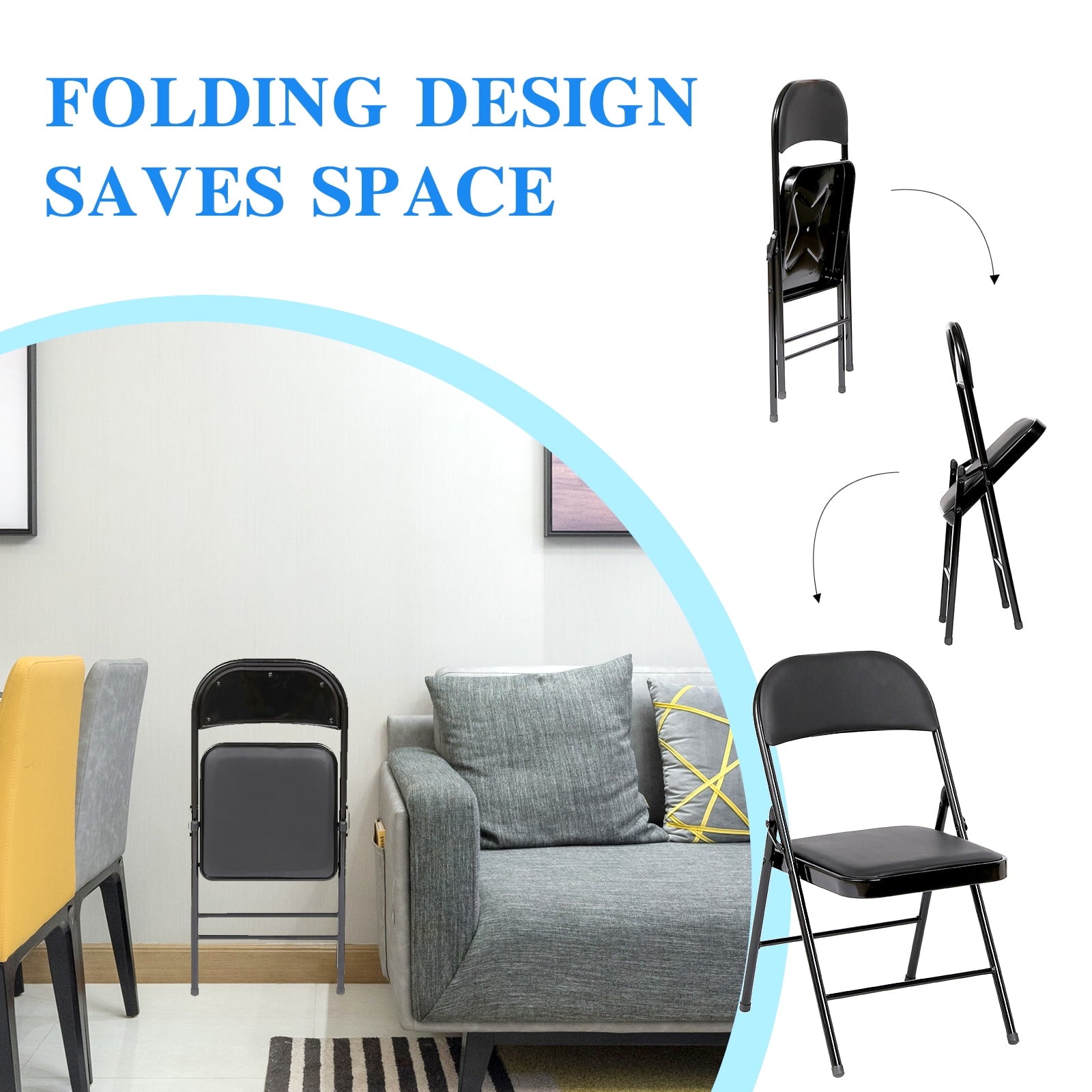 SUGIFT 4 Pack Folding Chairs Metal Frame Home Office Chairs, Black