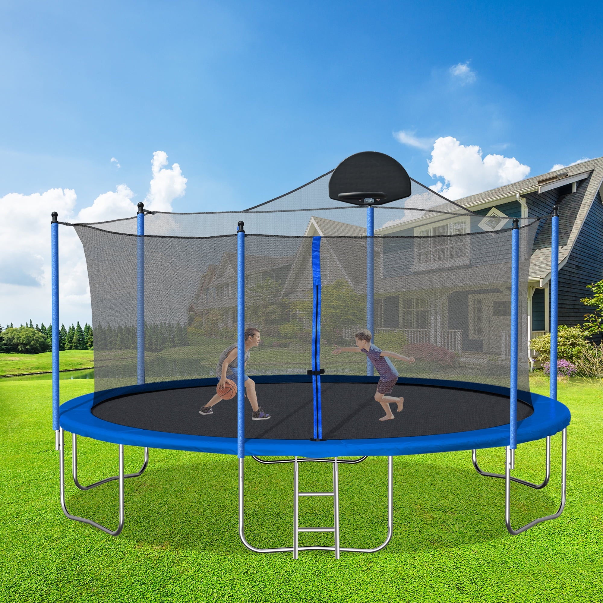 SUGIFT 10FT Blue Trampoline with Basketball Hoop, Stainless Steel Outdoor Trampolines