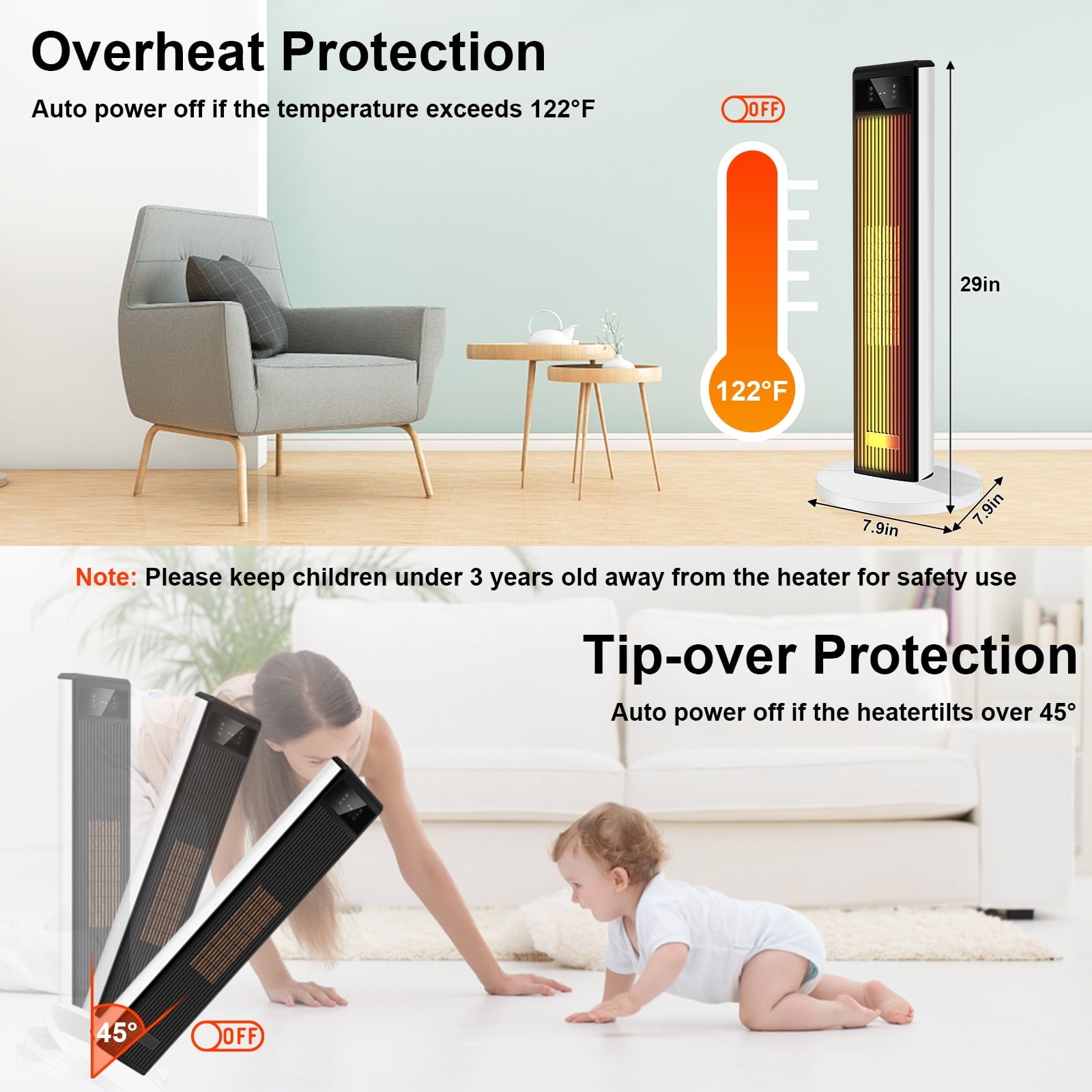 SUGIFT 29in Space Heater 1500W Tower Heater for Large Room