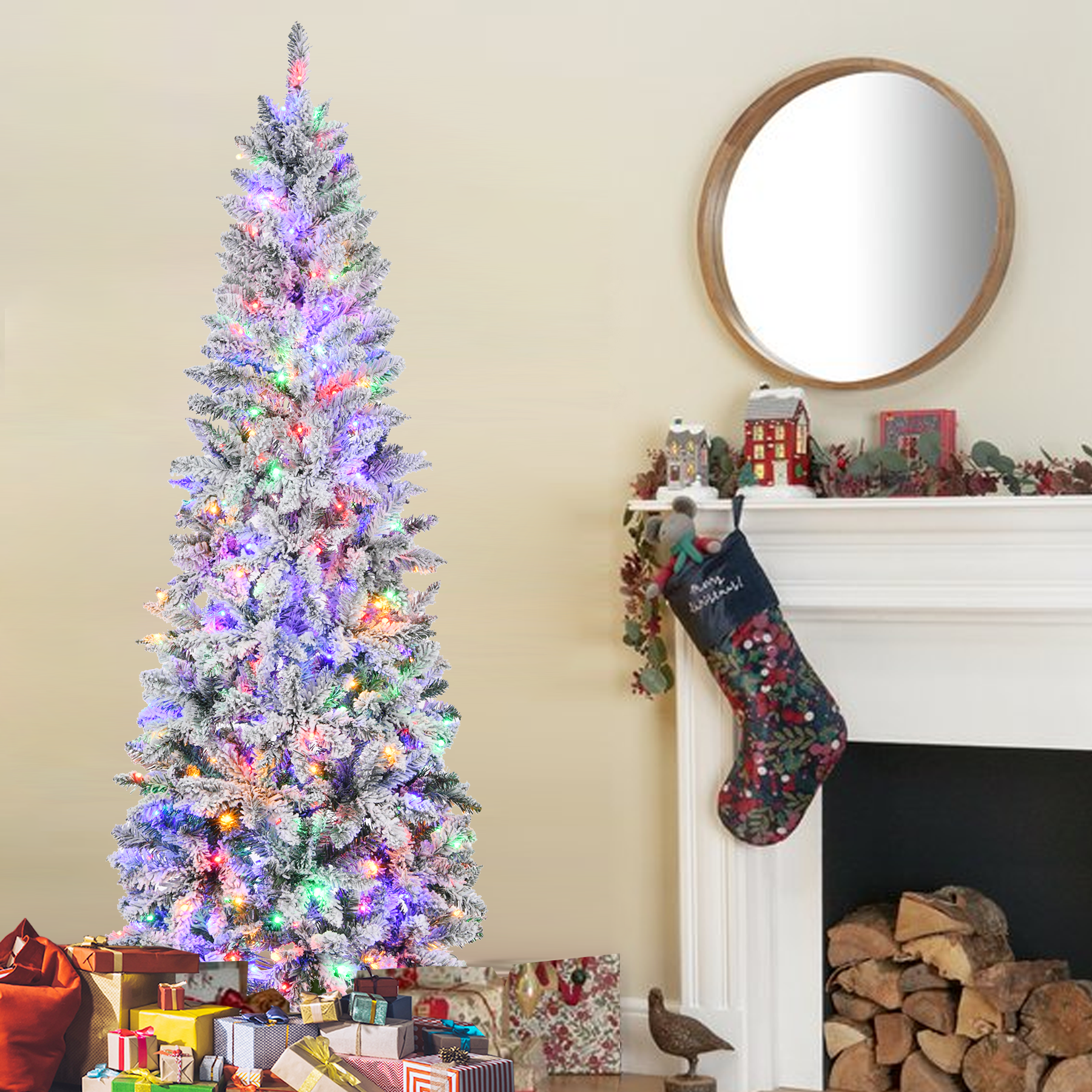 6ft Pencil Prelit Christmas Tree with 250 Multicolor LED Lights Artificial Skinny Christmas Tree for Small Spaces