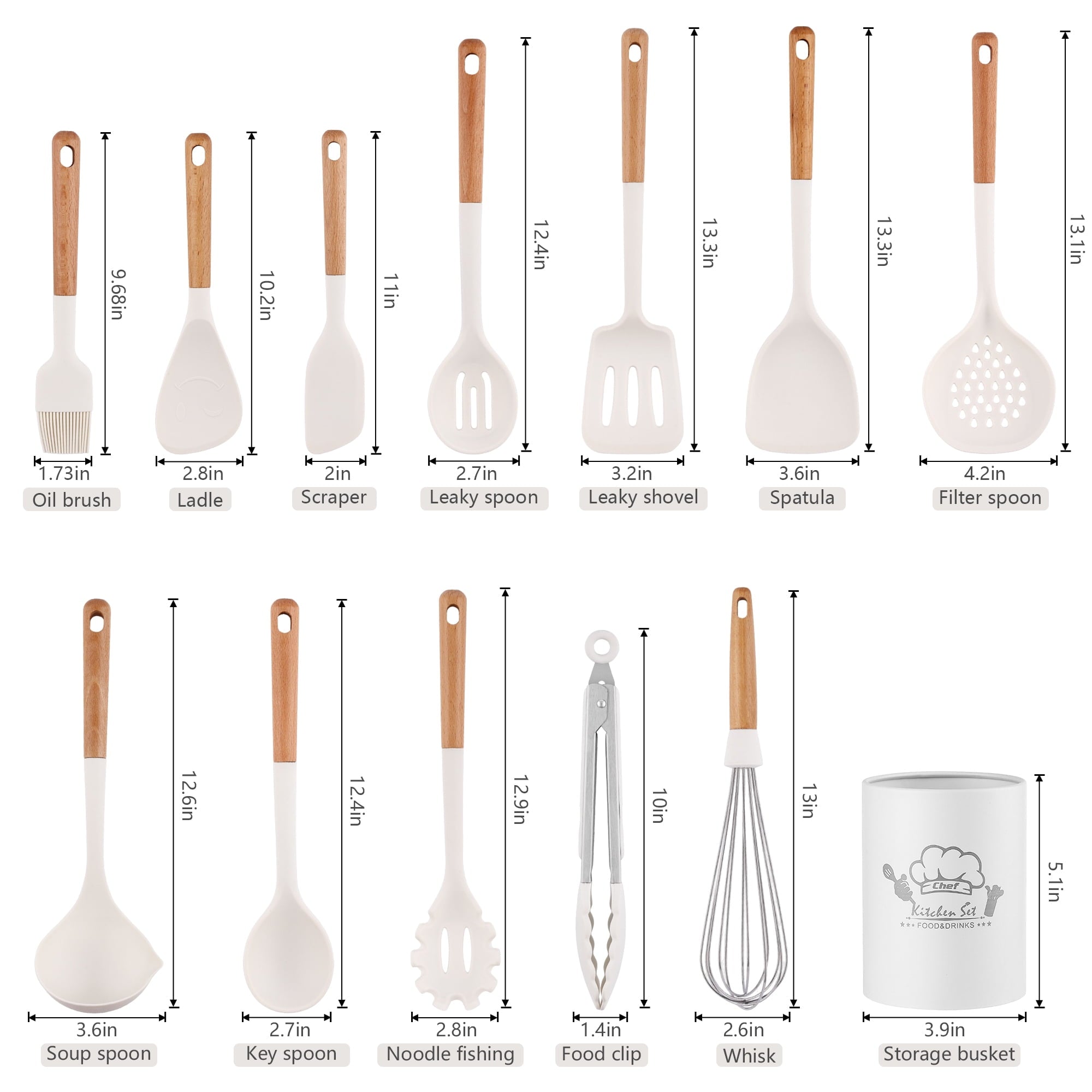 SUGIFT 13 Pcs Silicone Kitchen Utensils Set with Wooden Handles Dishwasher Safe Cream White