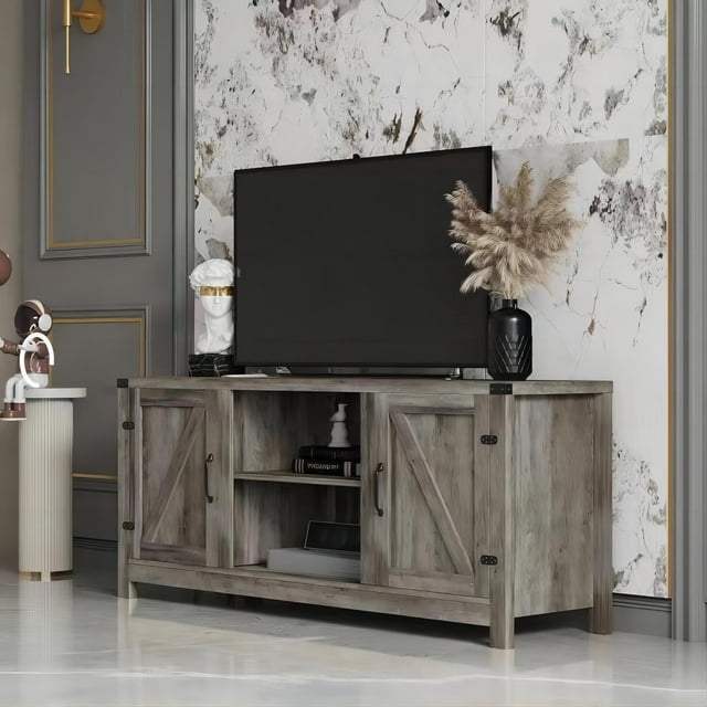 SUGIFT Modern Farmhouse Barn Door TV Stand for TVs up to 65", Reclaimed Barnwood