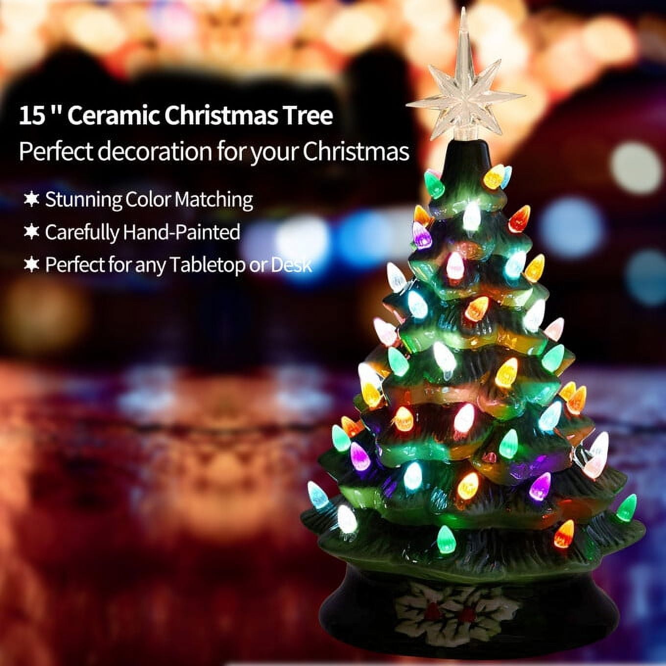 SUGIFT 15'' Pre-Lit Tabletop Ceramic Christmas Tree with 66 Multi Color Lights and 2 Star Toppers, Green
