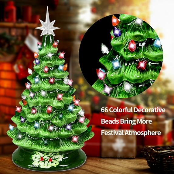 SUGIFT 15'' Pre-Lit Tabletop Ceramic Christmas Tree with 66 Multi Color Lights and 2 Star Toppers, Green
