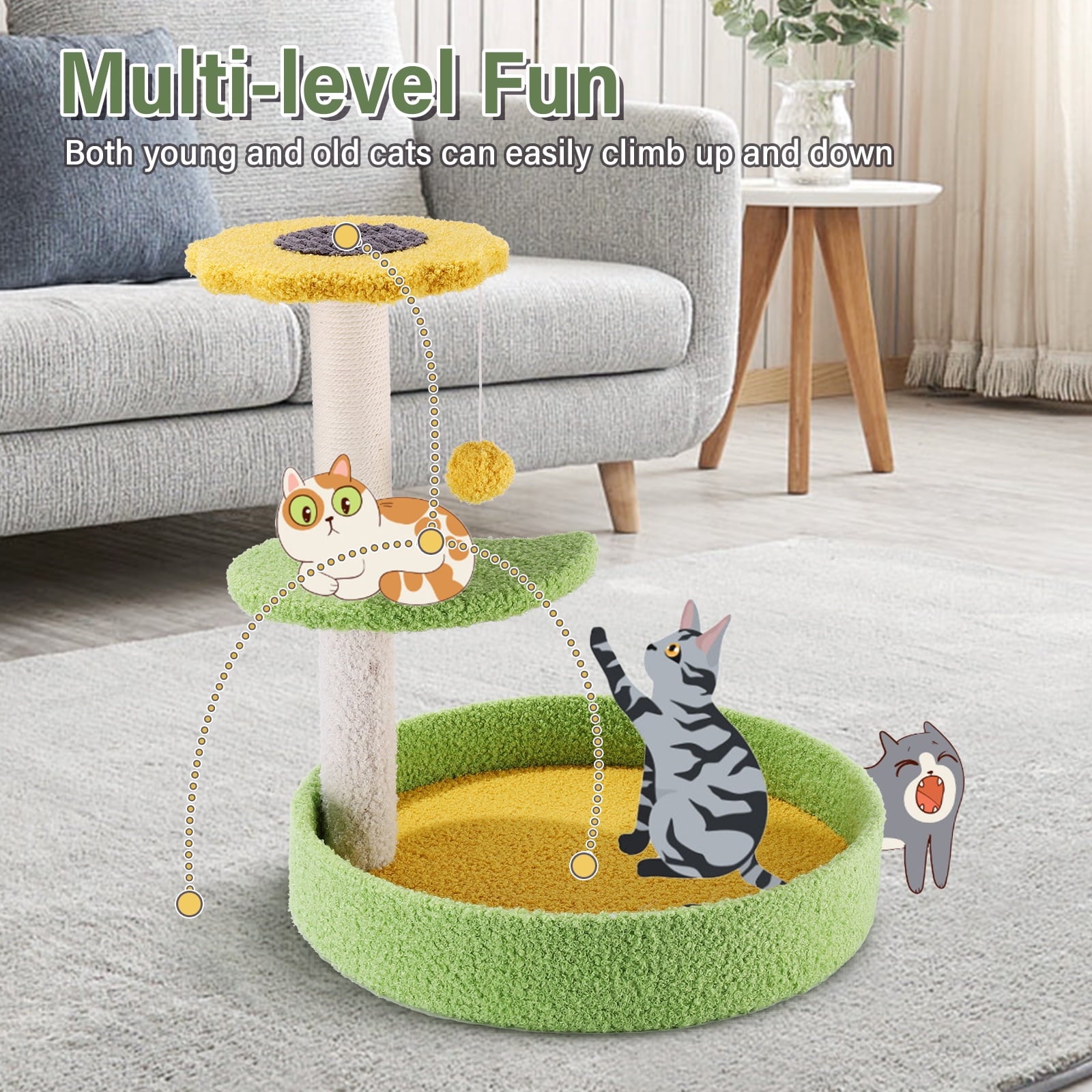 SUGIFT 17 Cat Tree with Sisal Scratching Posts Multi-Level Cat Tower for Indoor Medium Cats Green
