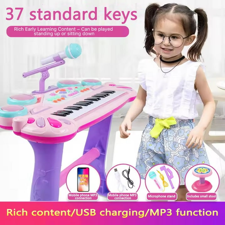 SUGIFT 37-Key Kids Electronic Piano Keyboard w/ Multiple Sounds, Lights Microphone, Stool - Pink