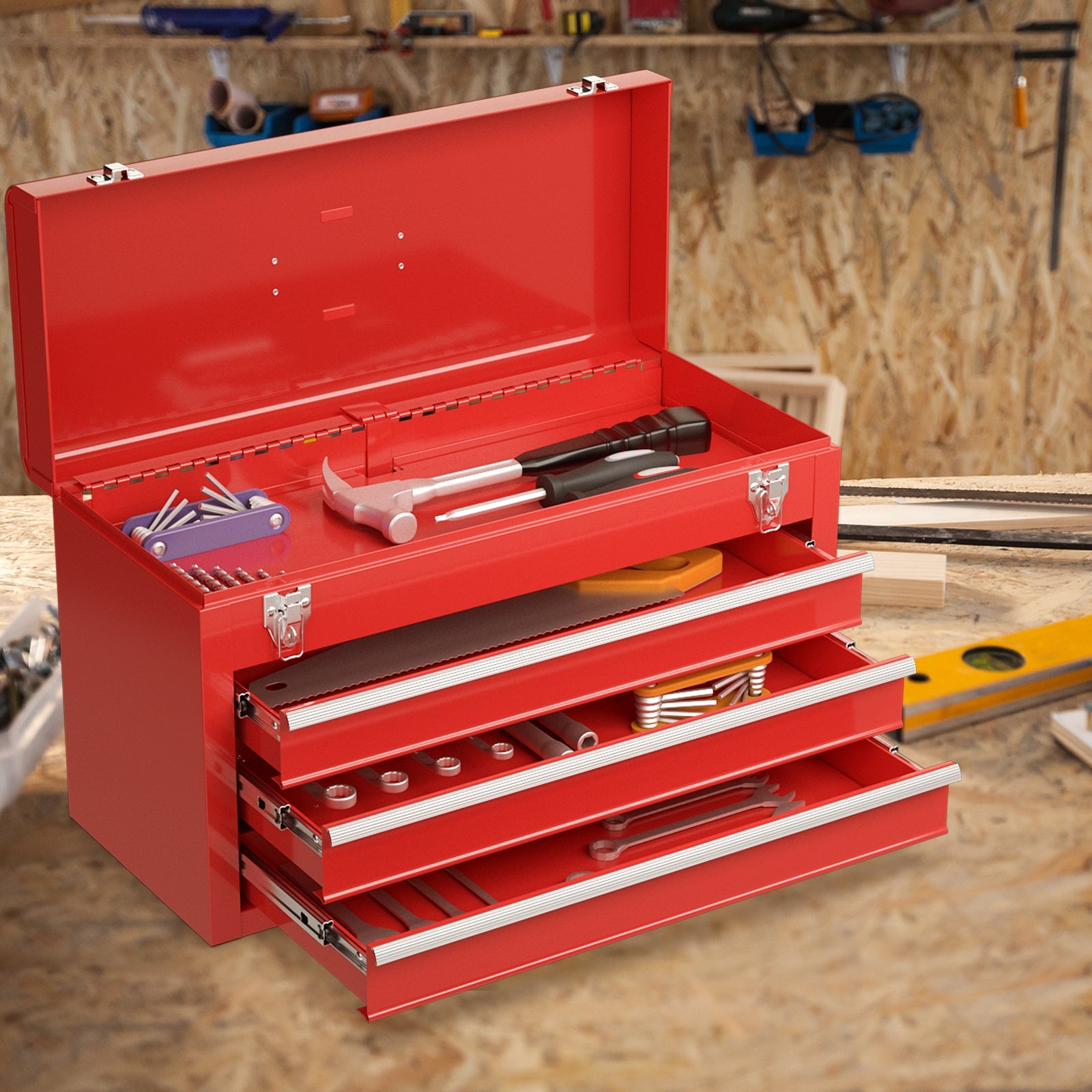 Portable Garage Mechanic Tool Cabinet Box with 3 Drawers-Red