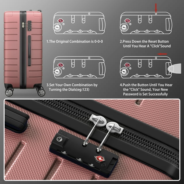 SUGIFT 3 Piece Luggage Set, Hardside Luggage Spinner Wheels Suitcase Carry on Luggage, TSA Lock, 20in24in28in, Rose Gold